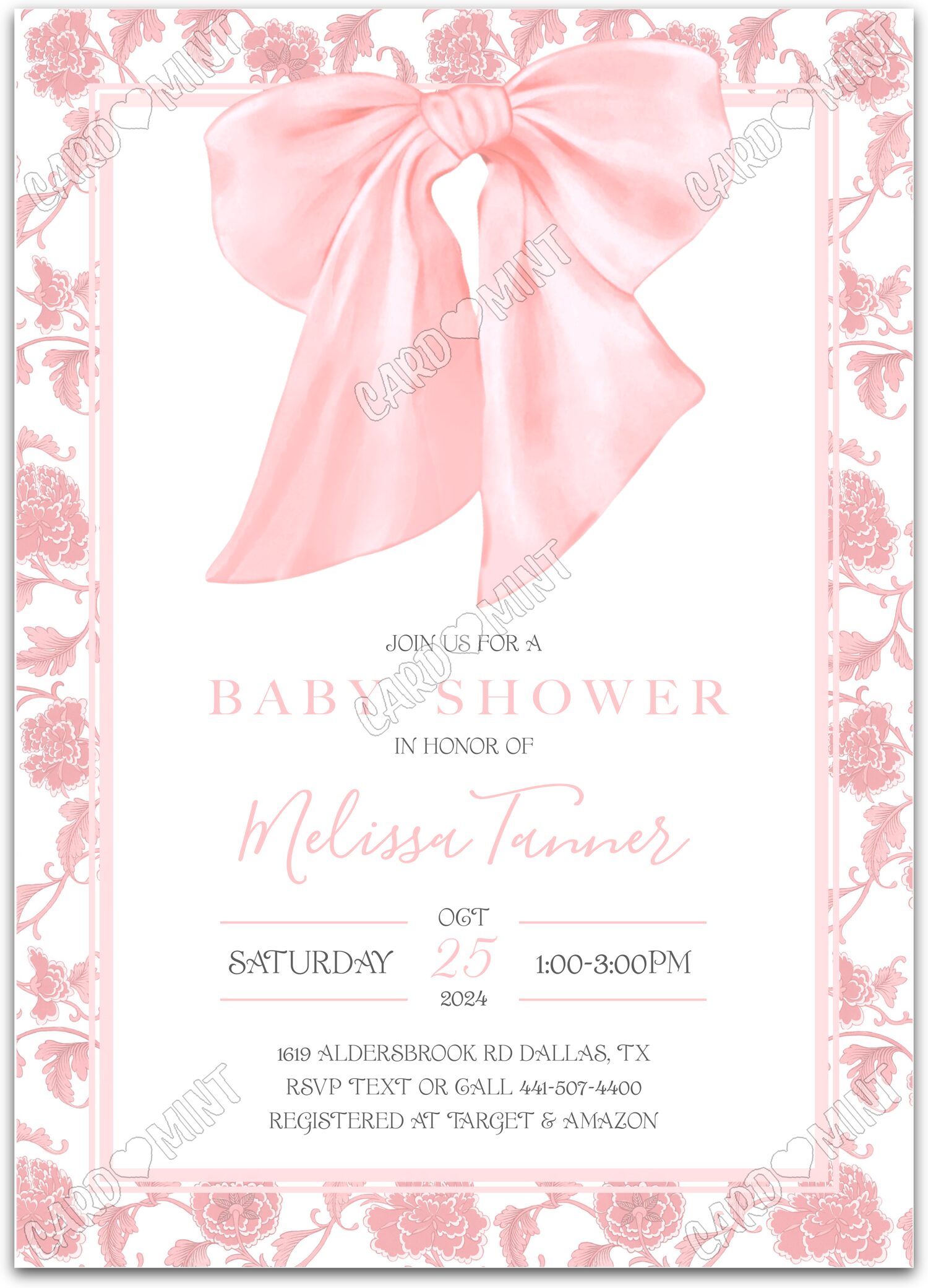 Editable Pink Bow pink bow & chinoiserie pattern girl Douche de bébé 5"x7" Invitation EV1001