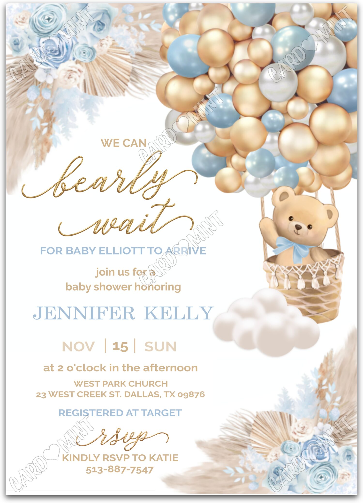 Editable Bearly Wait blue/tan teddy bear & hot air balloons boy Baby Shower 5"x7" Invitation EV1005