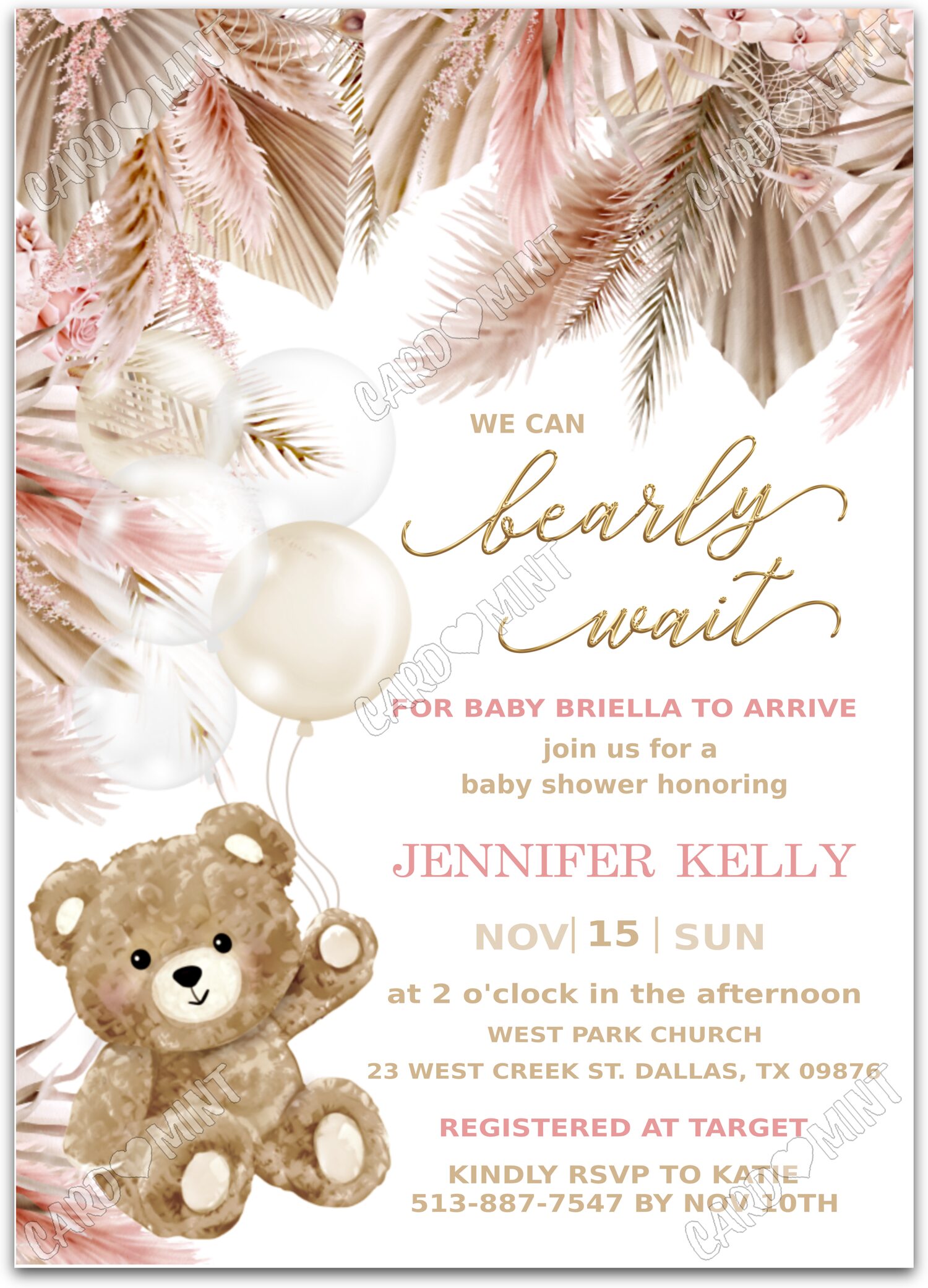Editable Bearly Wait tan/pink teddy bear & pampas grass girl Douche de bébé 5"x7" Invitation EV1006