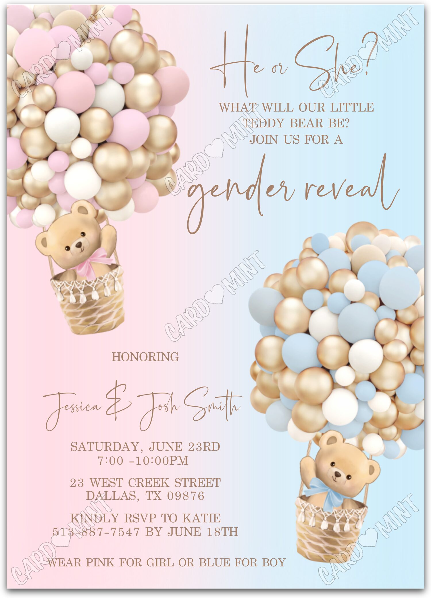 Editable Bearly Wait pink/blue teddy bears & hot air balloons Gender Reveal Invitation EV1012