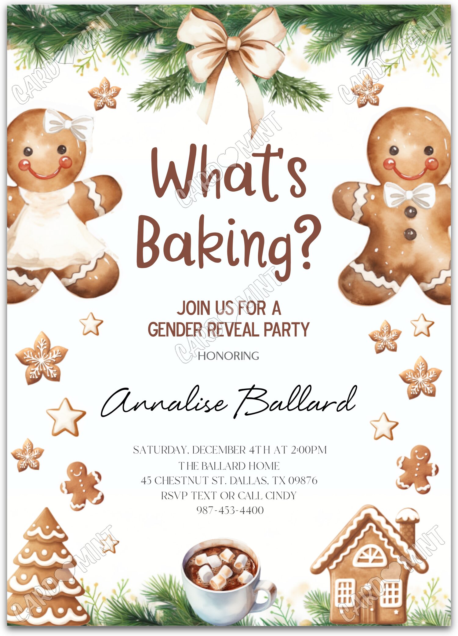 Editable What's Baking brown gingerbread cookie Gender Reveal 5"x7" Invitation EV1016
