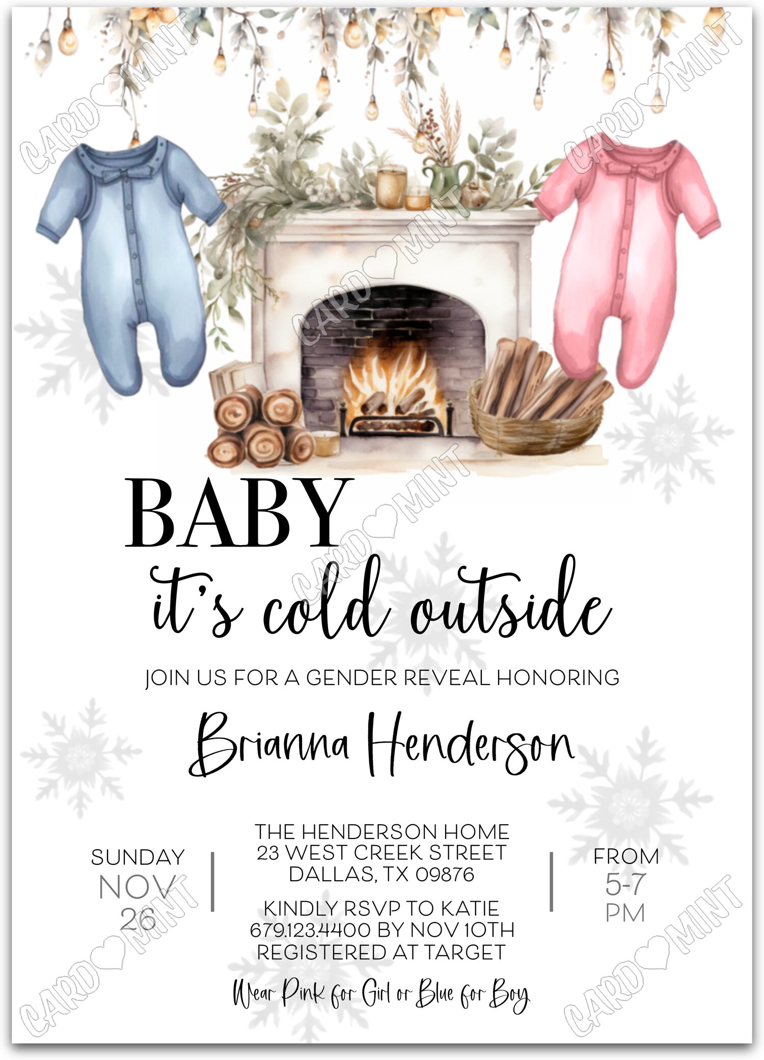 Editable Baby It's Cold Outside white fireplace and sleepers Gender Reveal 5"x7" Invitation EV1017