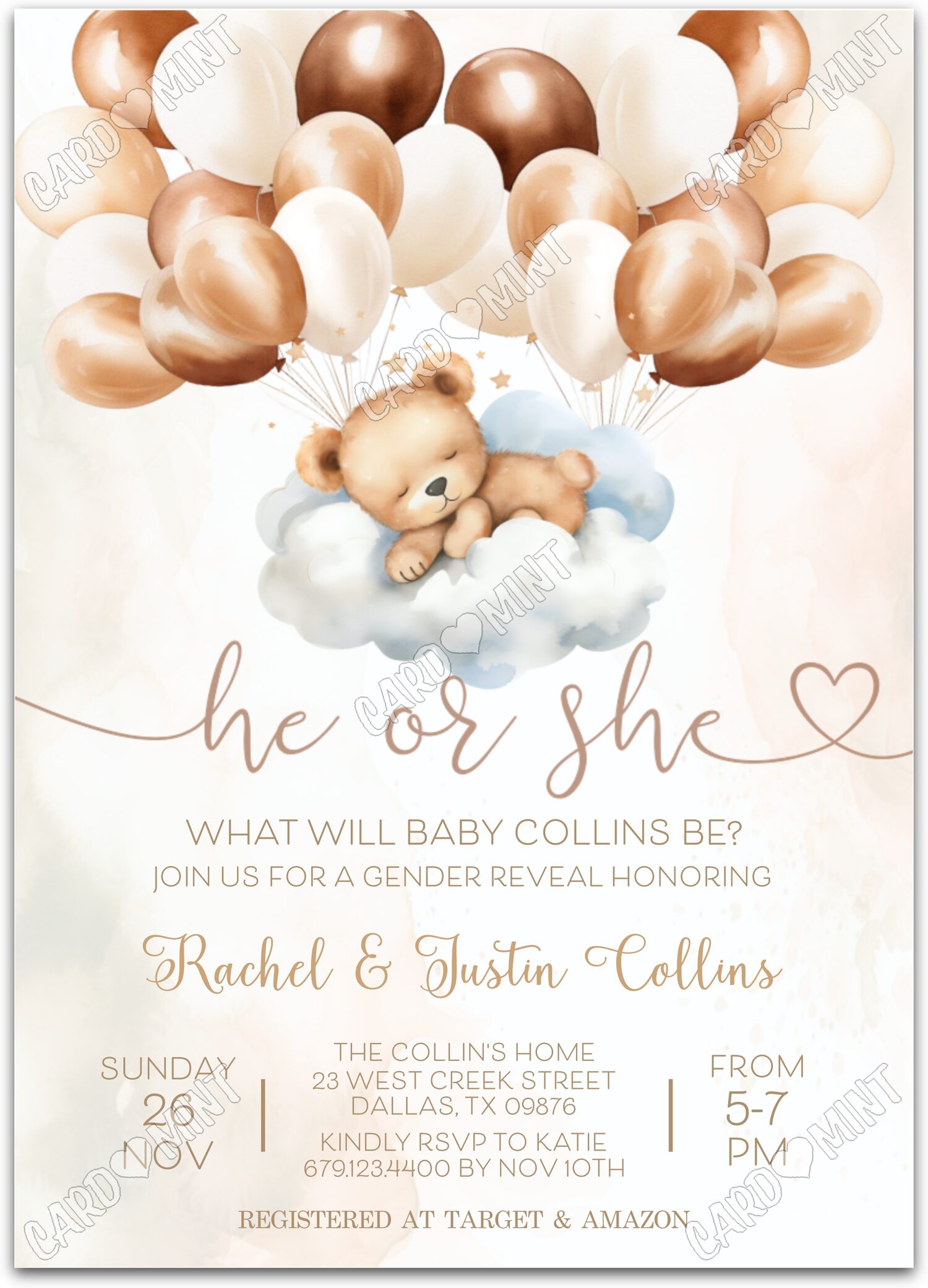 Editable He or She tan teddy bear & balloons Gender Reveal 5"x7" Invitation EV1018