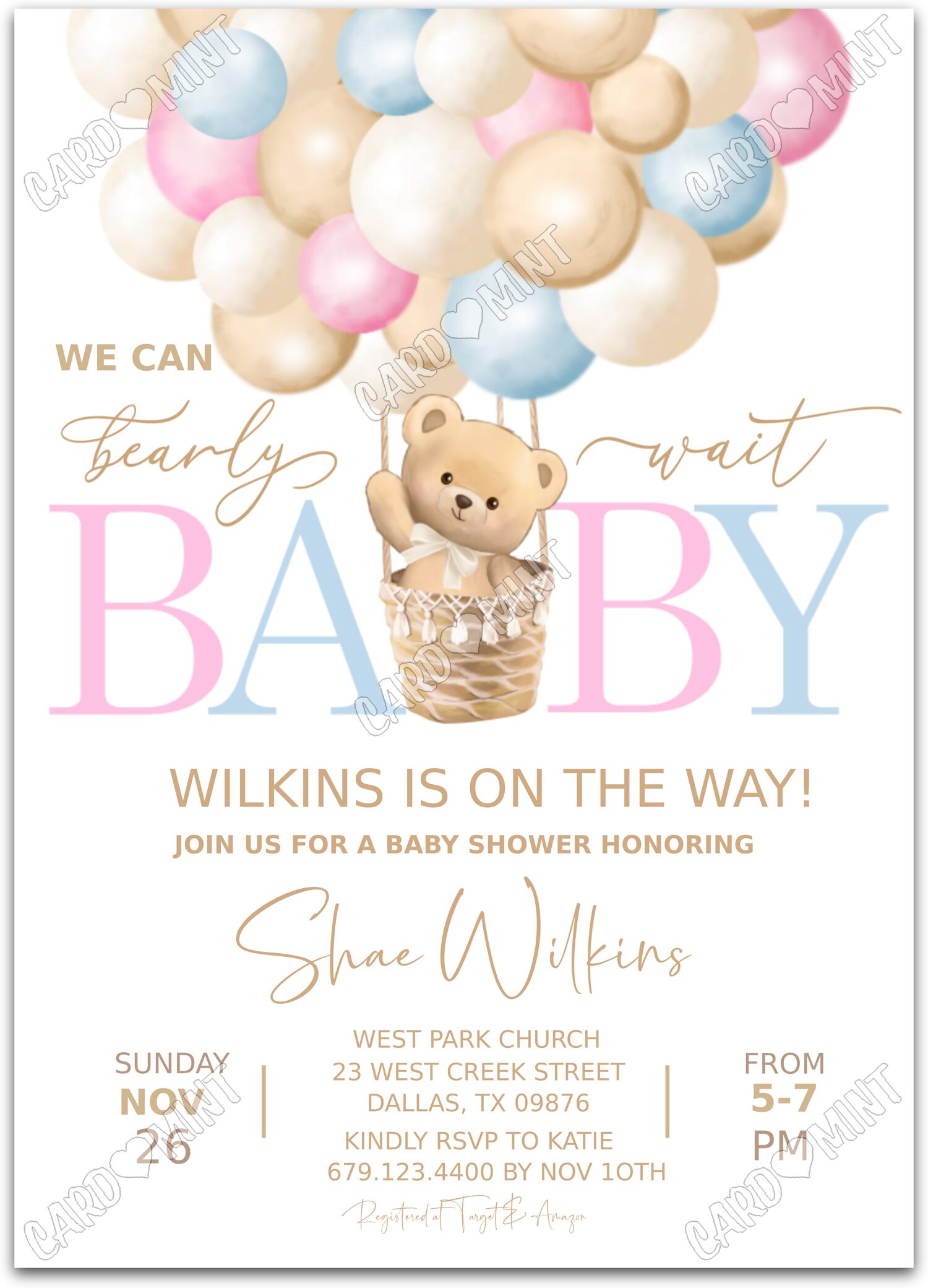 Editable Bearly Wait pink/blue teddy bear & hot air balloons neutral Baby Shower 5"x7" Invitation EV1023