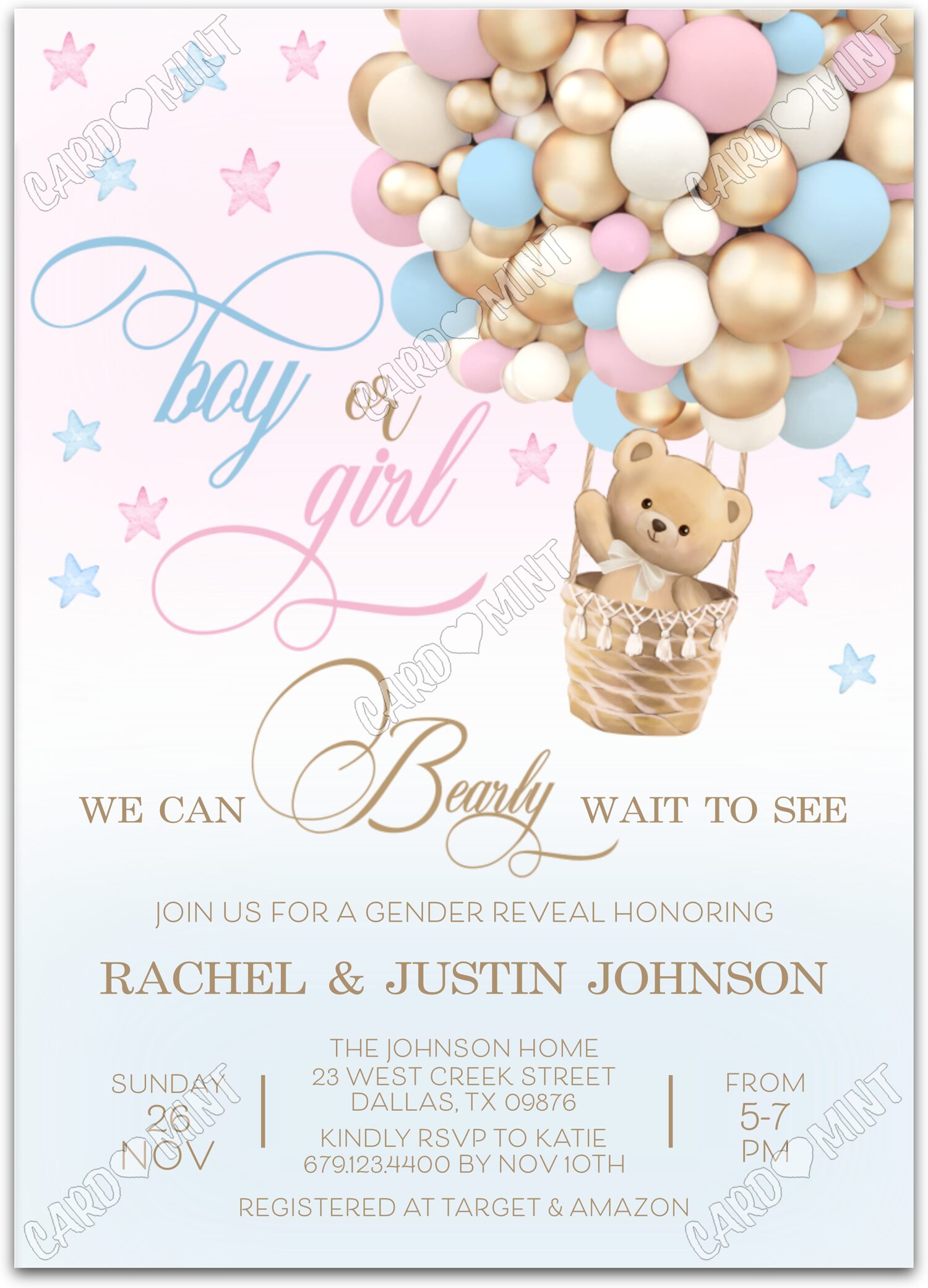 Editable Bearly Wait pink/blue teddy bear and hot air balloons Gender Reveal 5"x7" Invitation EV1024