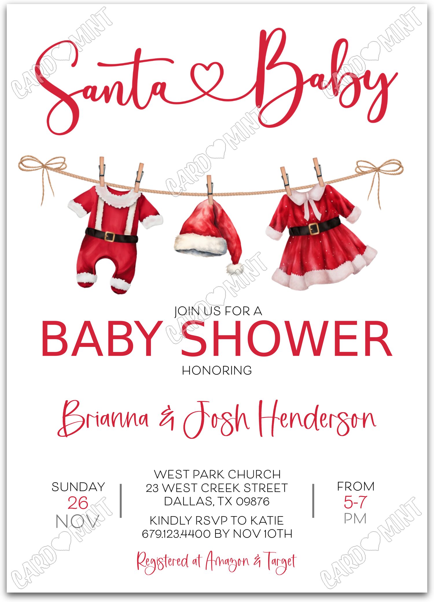 Editable Santa Baby red santa neutral Christmas Baby Shower 5"x7" Invitation EV1025