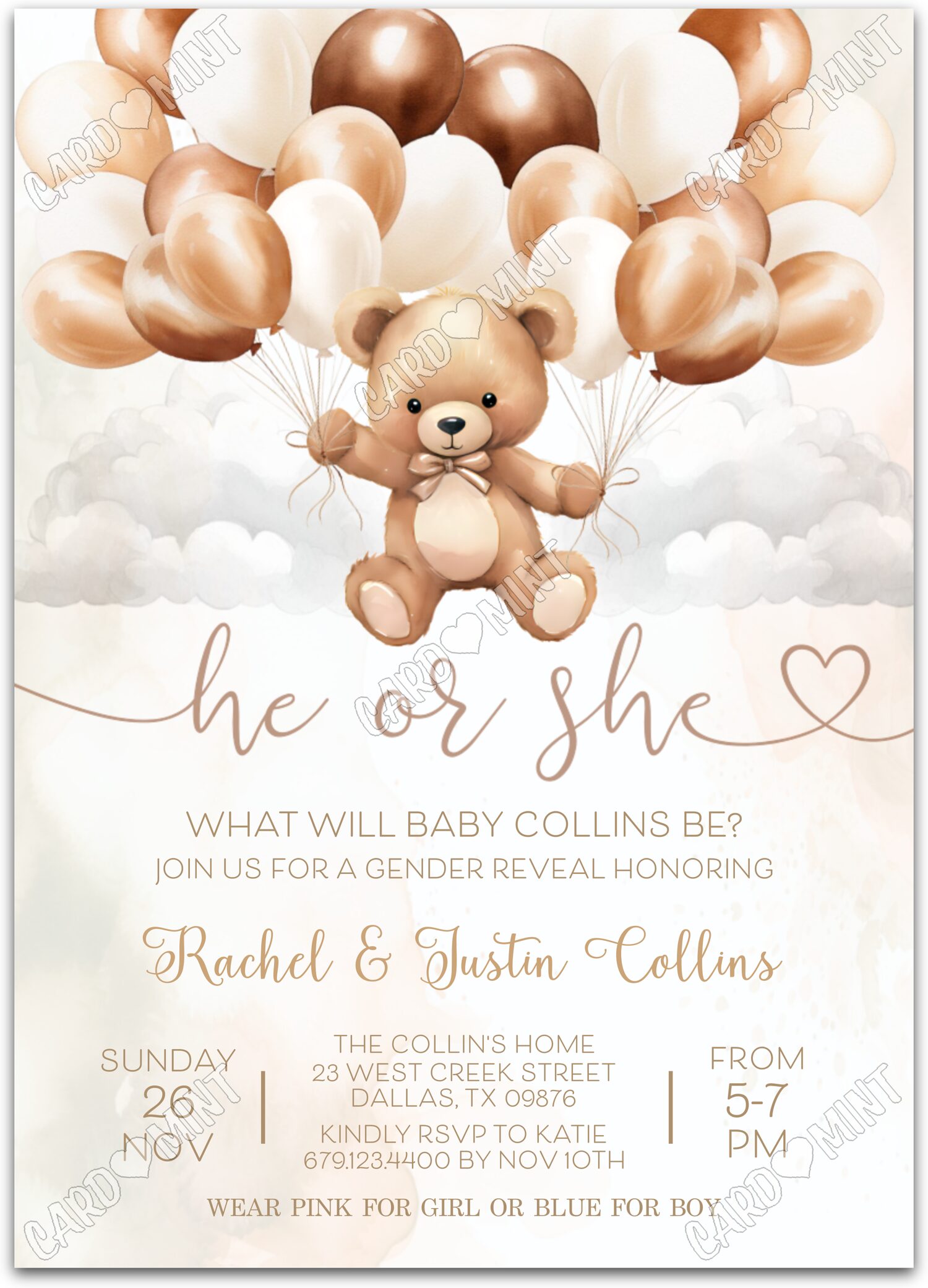 Editable He or She tan teddy bear & balloons Gender Reveal 5"x7" Invitation EV1030
