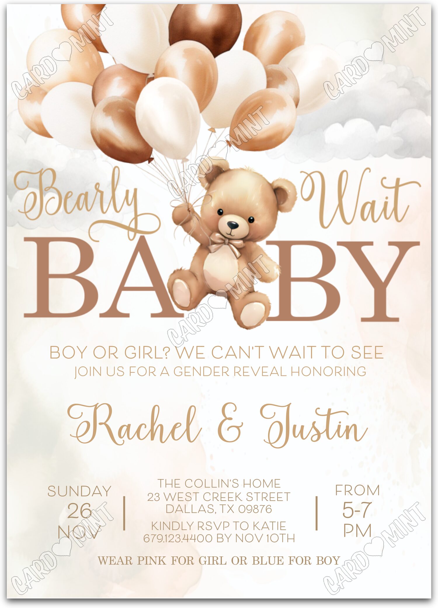 Editable Bearly Wait tan teddy bear & balloons Gender Reveal 5"x7" Invitation EV1031