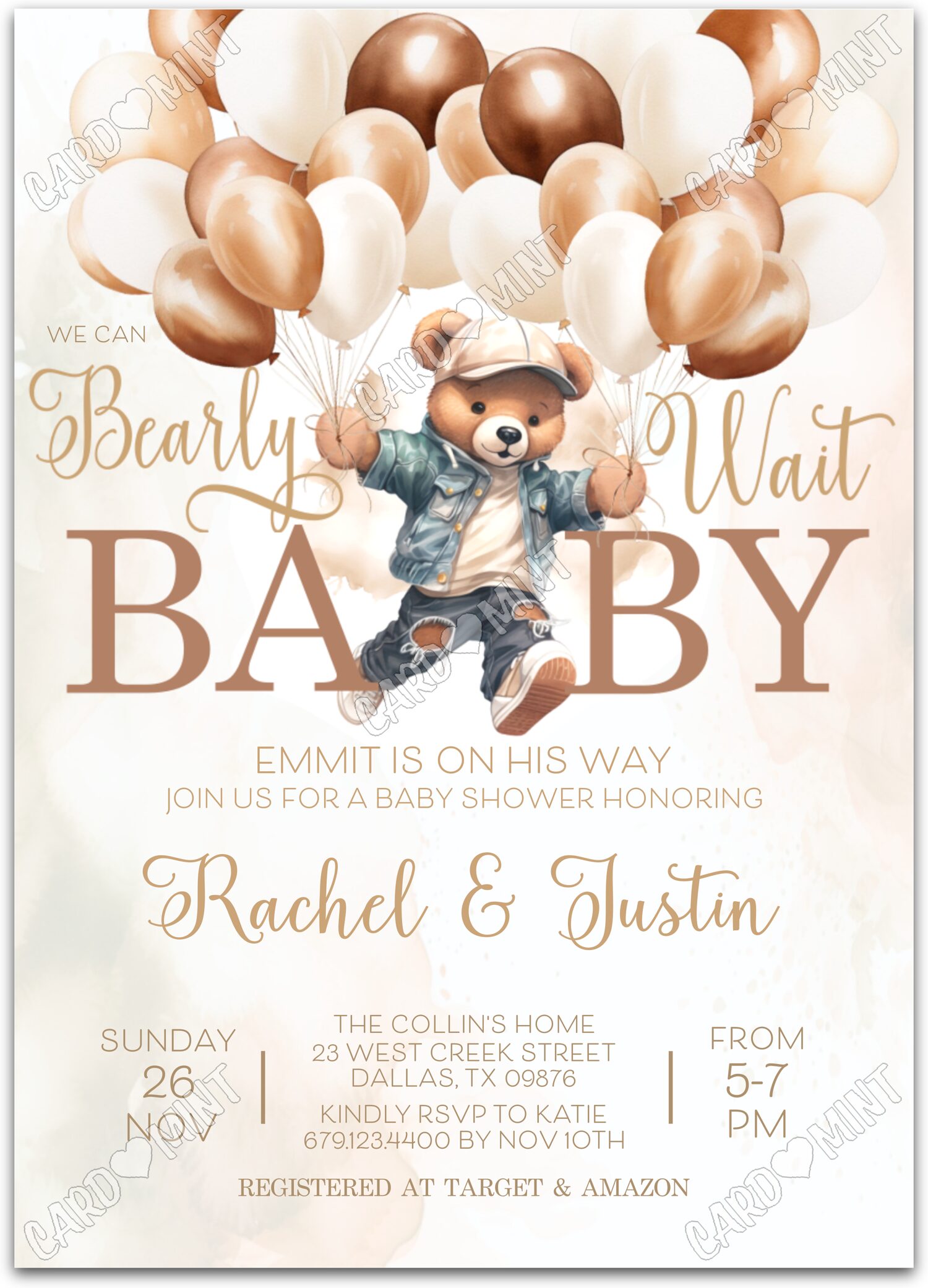 Editable Bearly Wait tan teddy bear & balloons boy Douche de bébé 5"x7" Invitation EV1032
