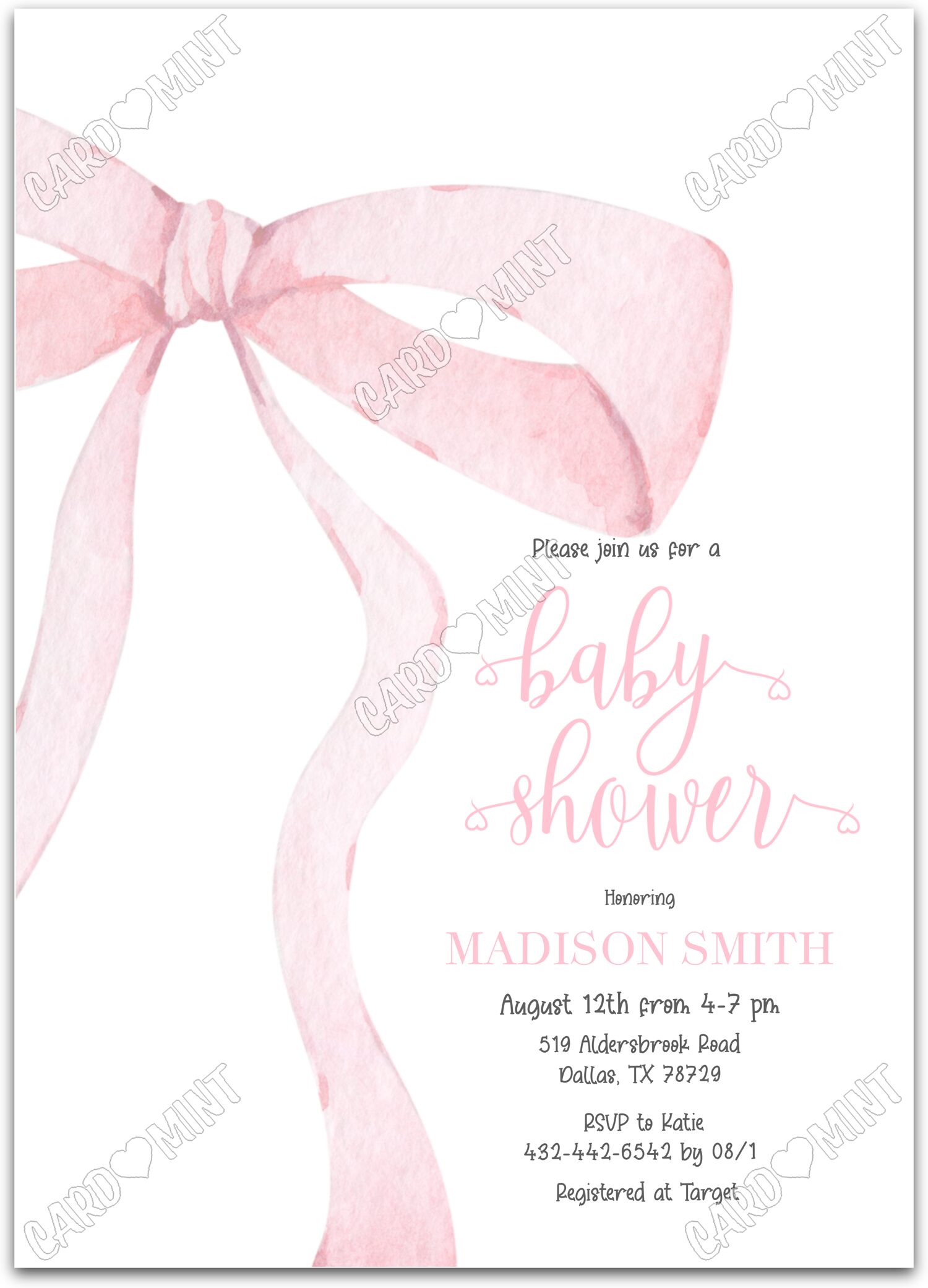 Editable Pink Bow pink watercolor bow girl Douche de bébé 5"x7" Invitation EV1047