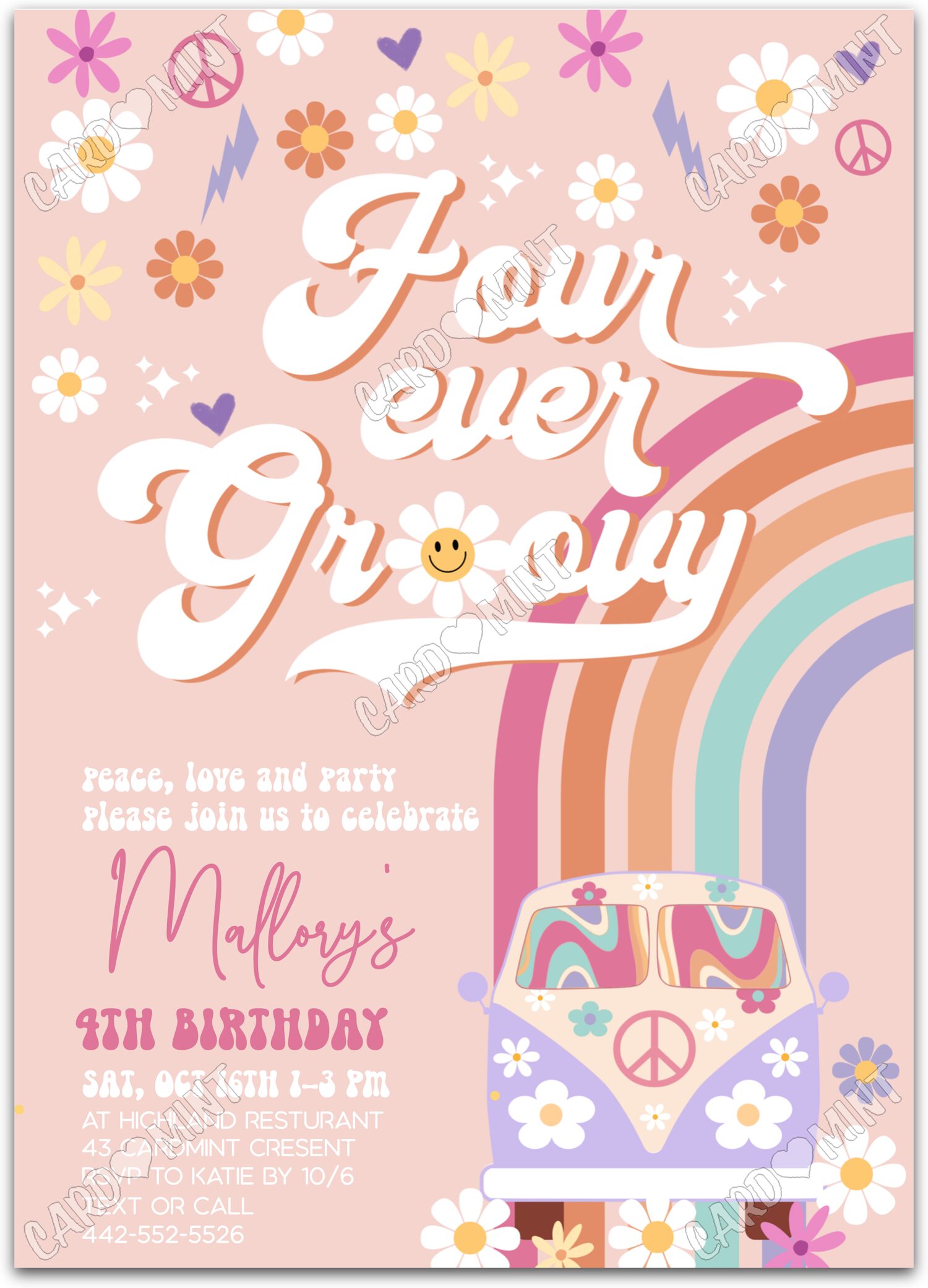 Editable Four Ever Groovy peach peace symbols girl 4th Birthday Party Invitation EV1050
