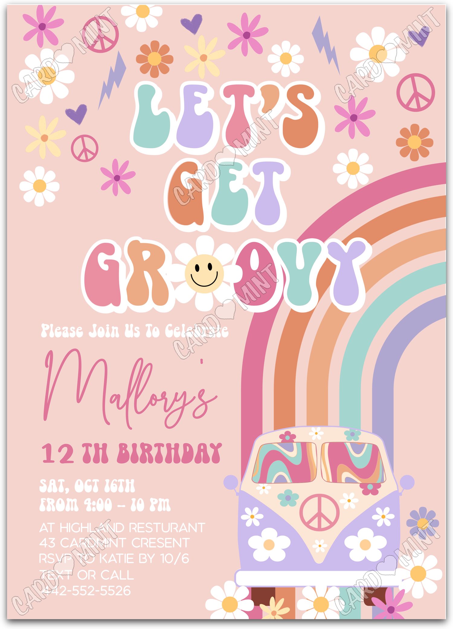 Editable Let’s Get Groovy rainbow peace van girl Birthday Party 5"x7" Invitation EV1053