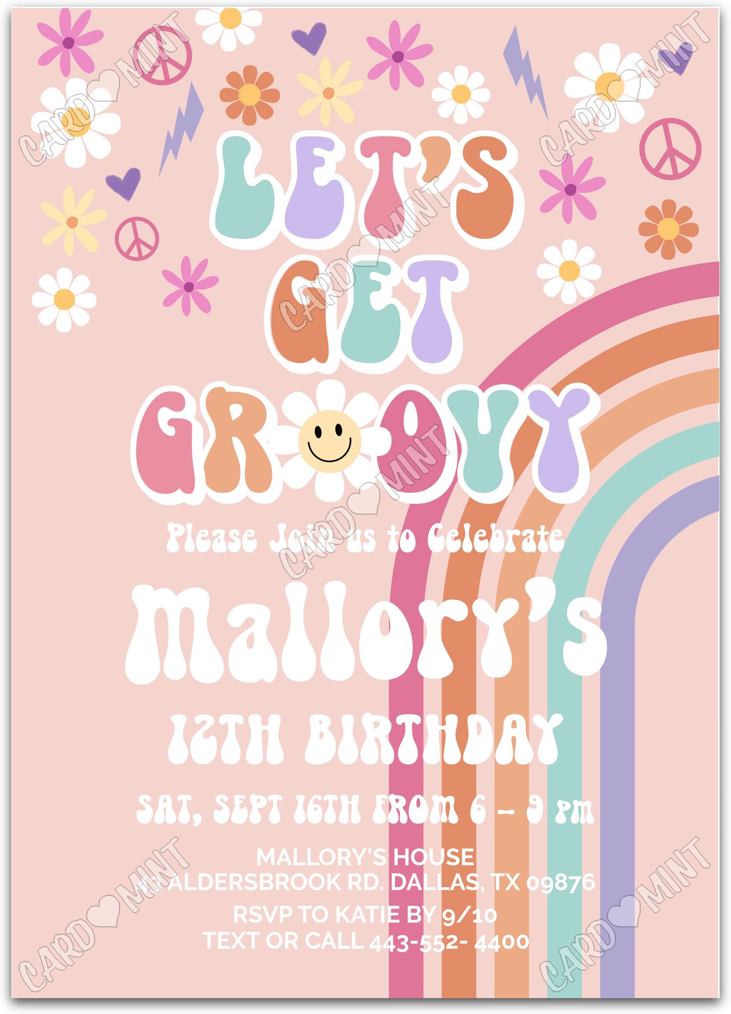 Editable Let’s Get Groovy peach peace symbols girl Birthday Party 5"x7" Invitation EV1054