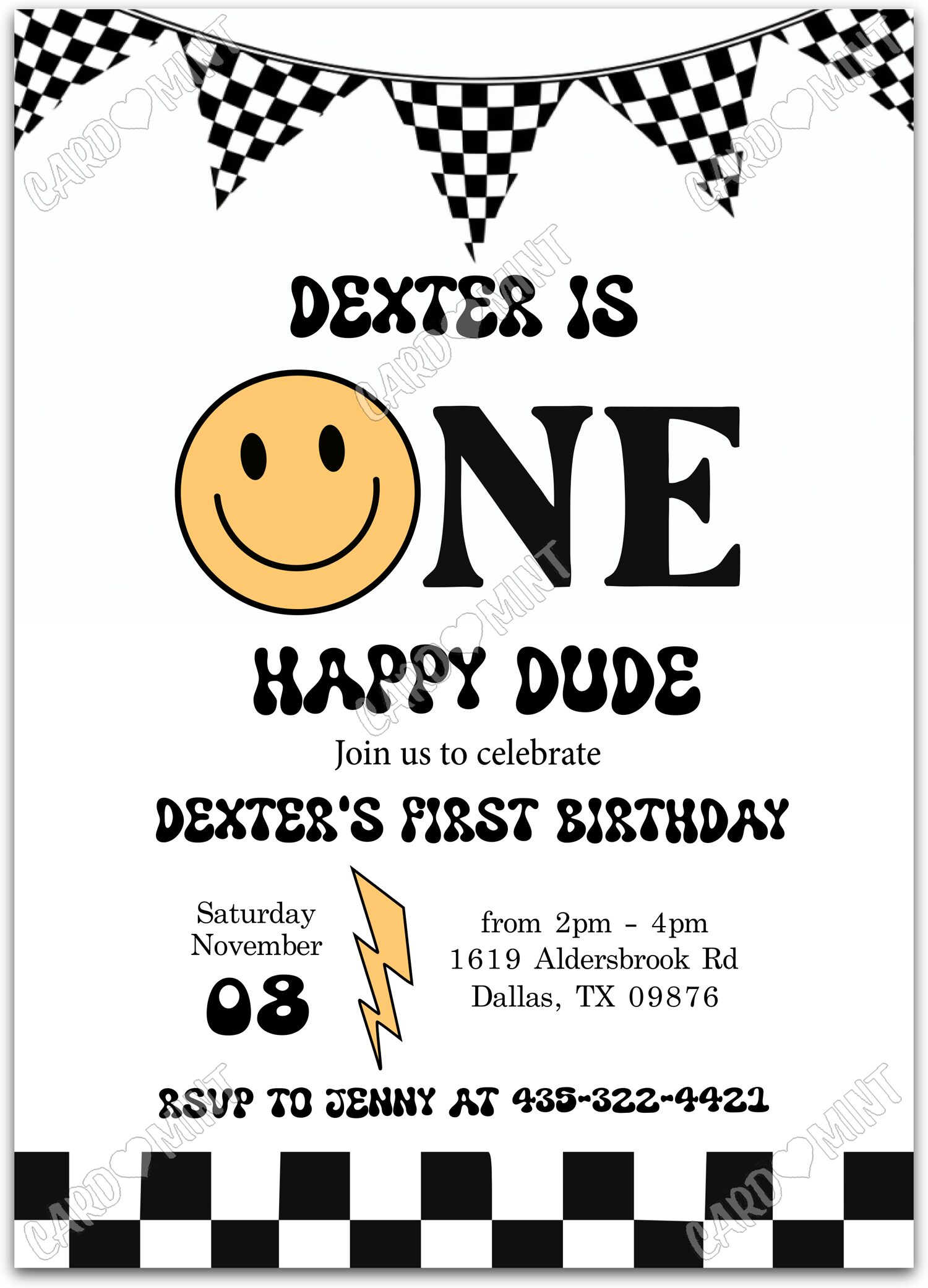 Editable One Happy Dude yellow/black checkered flag boy First Birthday Party 5"x7" Invitation EV1056