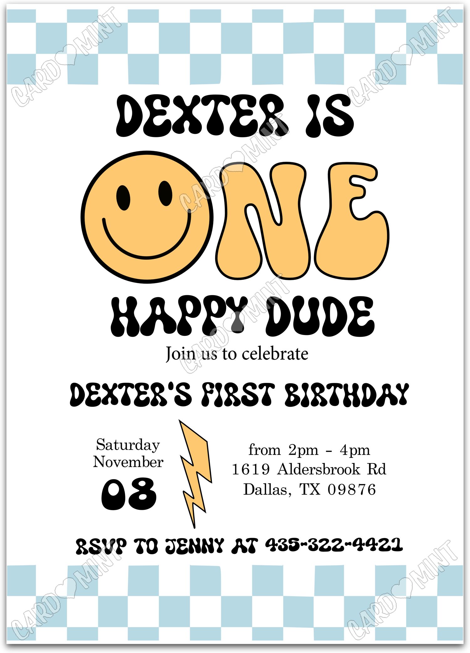 Editable One Happy Dude yellow/black checkered flag boy First Birthday Party 5"x7" Invitation EV1058