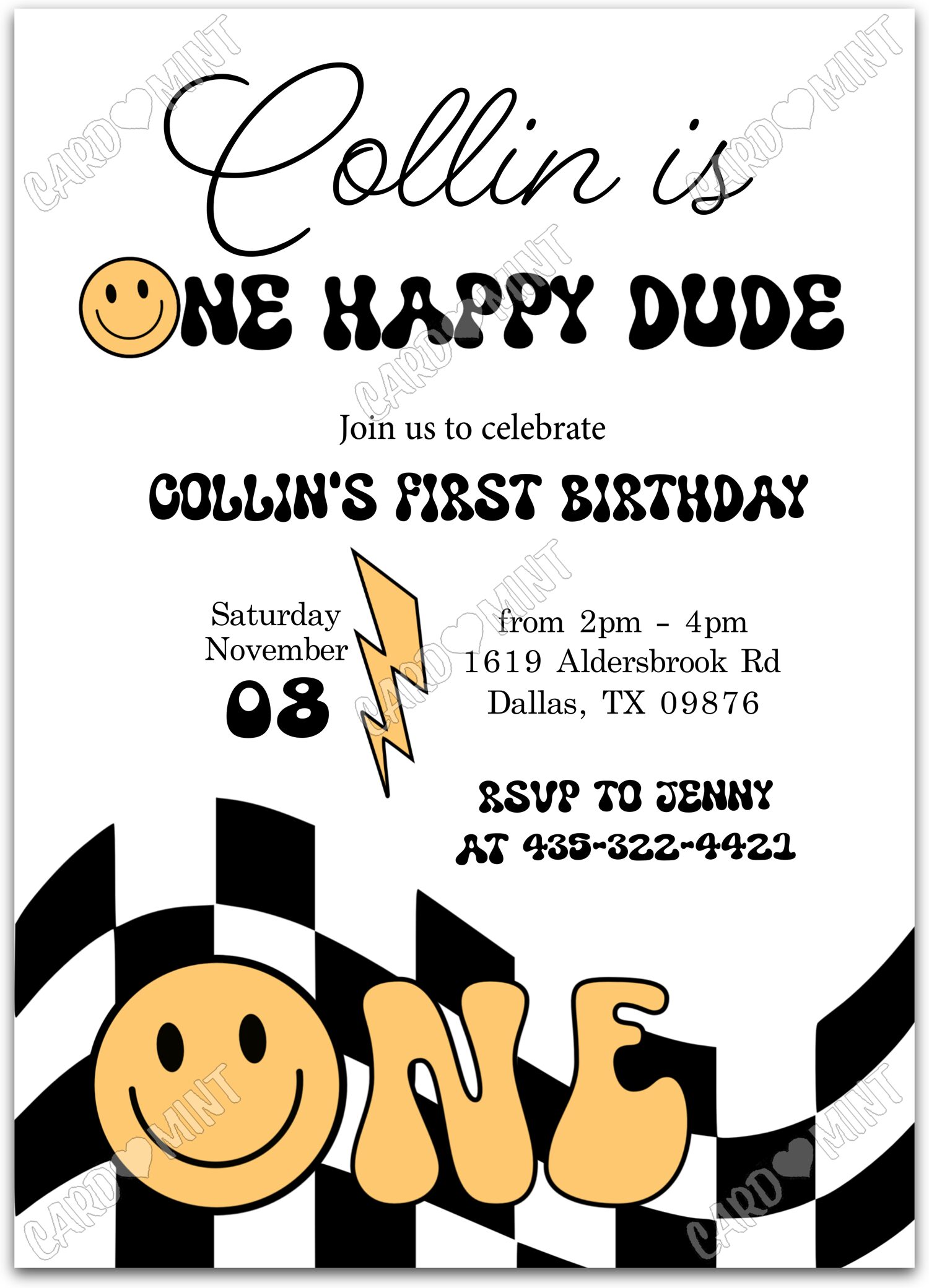 Editable One Happy Dude yellow/black checkered flag boy First Birthday Party 5"x7" Invitation EV1059