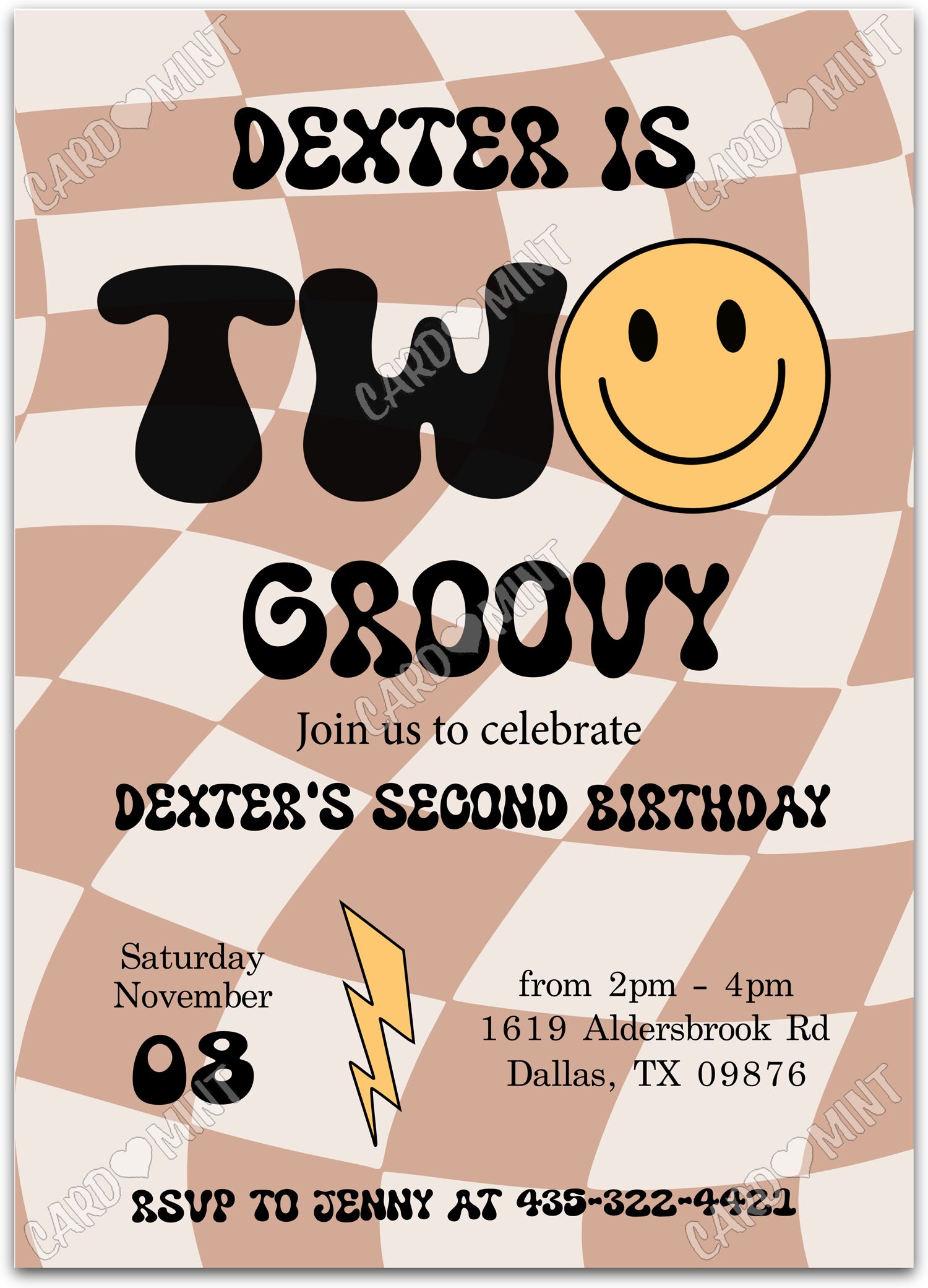 Editable Two Groovy brown checkered flag boy 2nd Birthday Party 5"x7" Invitation EV1062