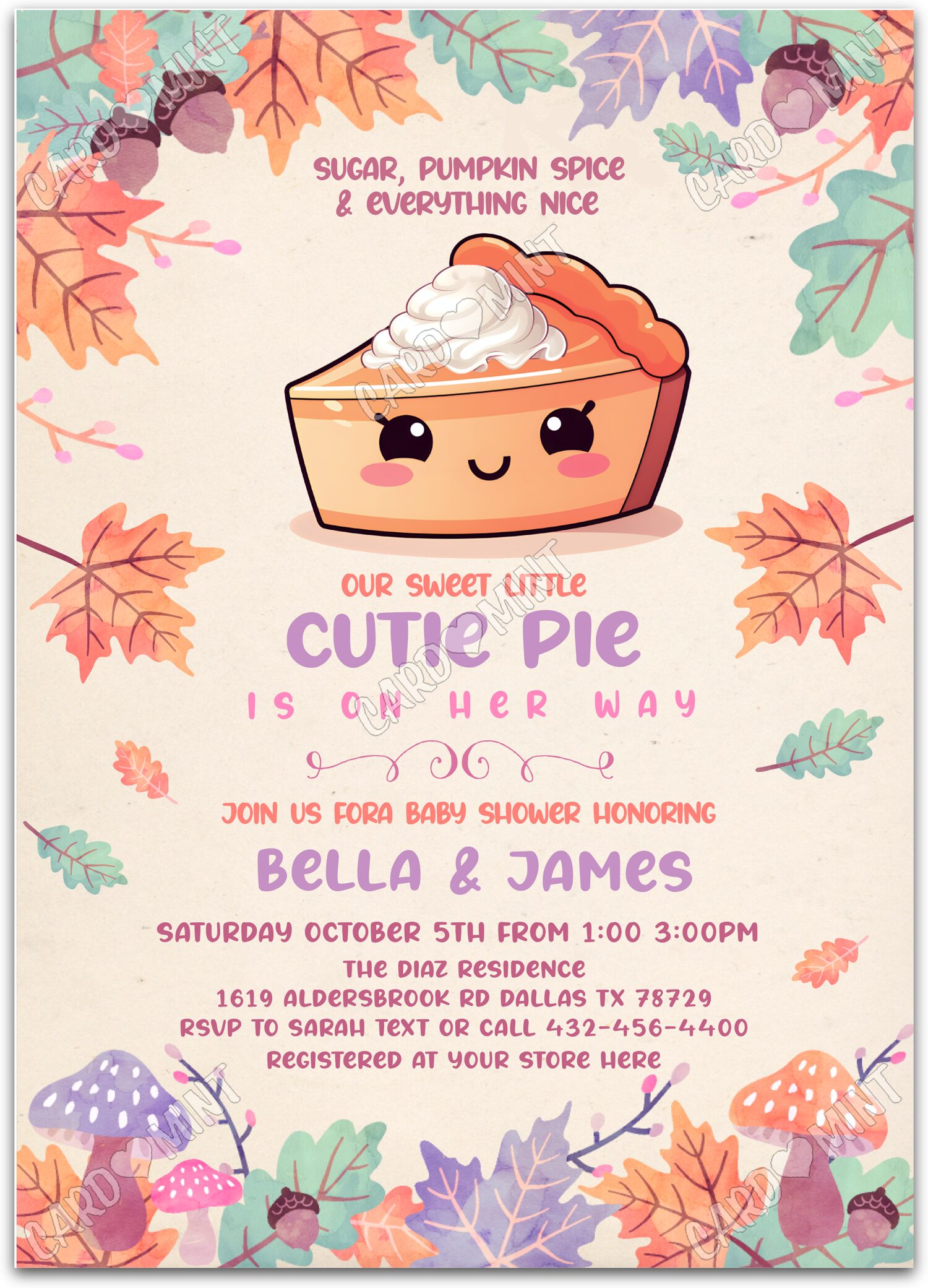 Editable Cutie Pie orange/green pie girl fall Douche de bébé 5"x7" Invitation EV1064