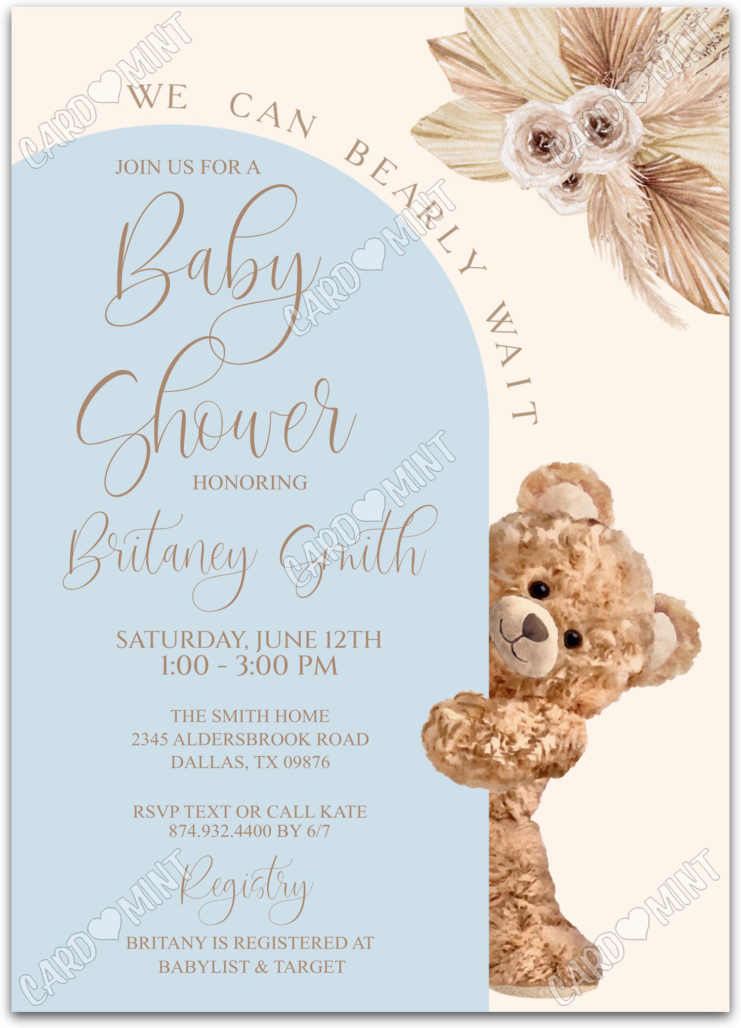 Editable Bearly Wait blue/tan teddy bear boy Baby Shower 5"x7" Invitation EV1065
