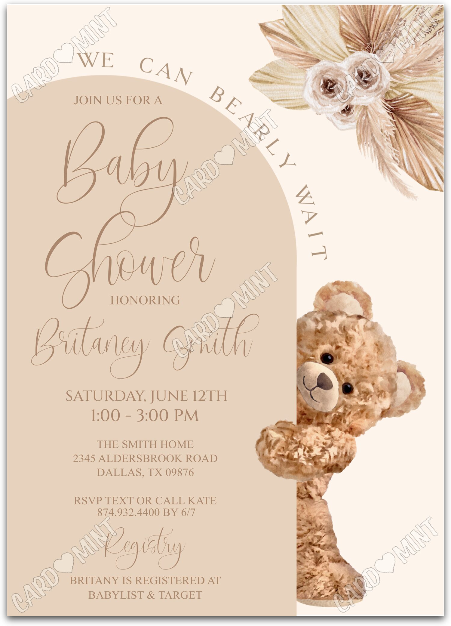 Editable Bearly Wait tan teddy bear neutral Baby Shower Invitation EV1067