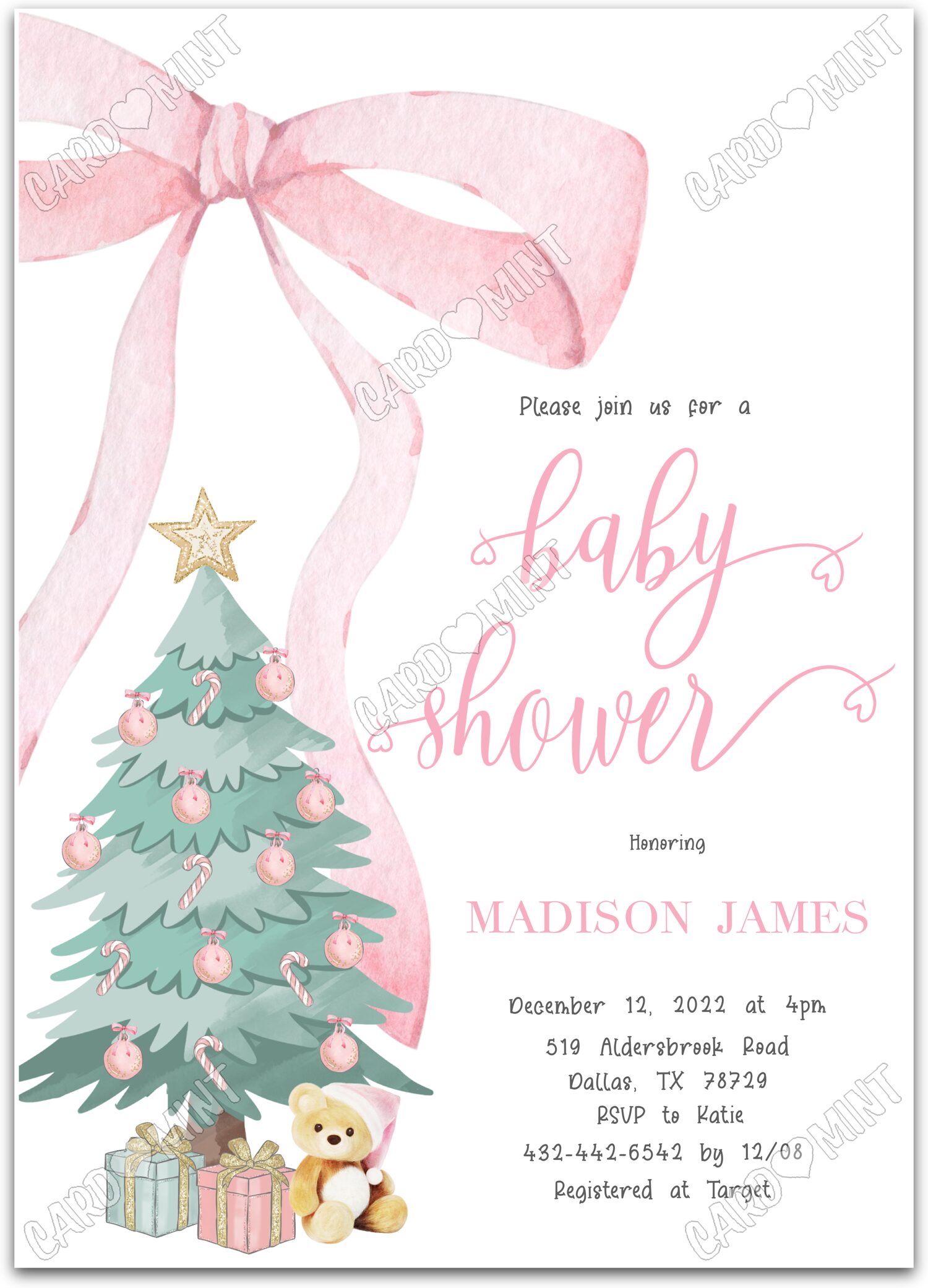 Editable Pink Bow pink christmas tree girl Christmas Douche de bébé 5"x7" Invitation EV1068