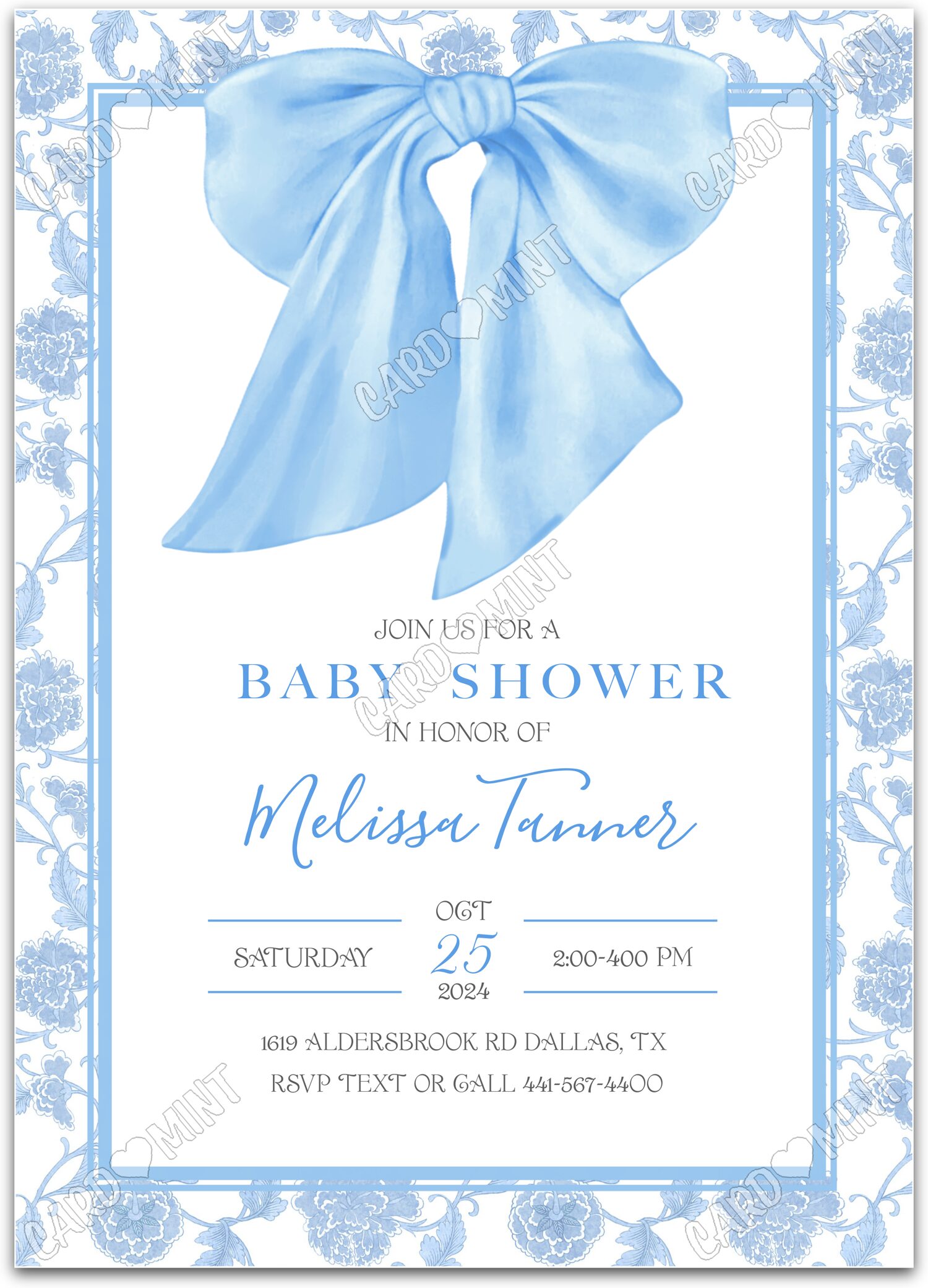 Editable Blue Bow blue bow boy Baby Shower 5"x7" Invitation EV1072