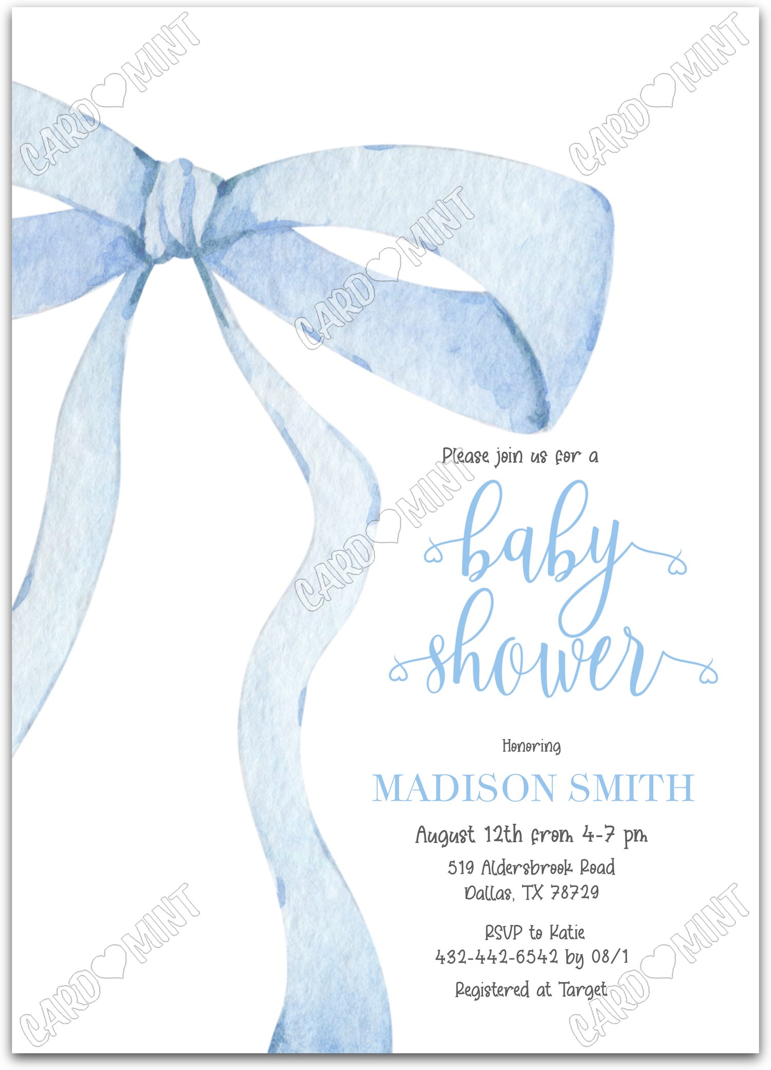 Editable Blue Bow blue watercolor bow boy Baby Shower 5"x7" Invitation EV1073