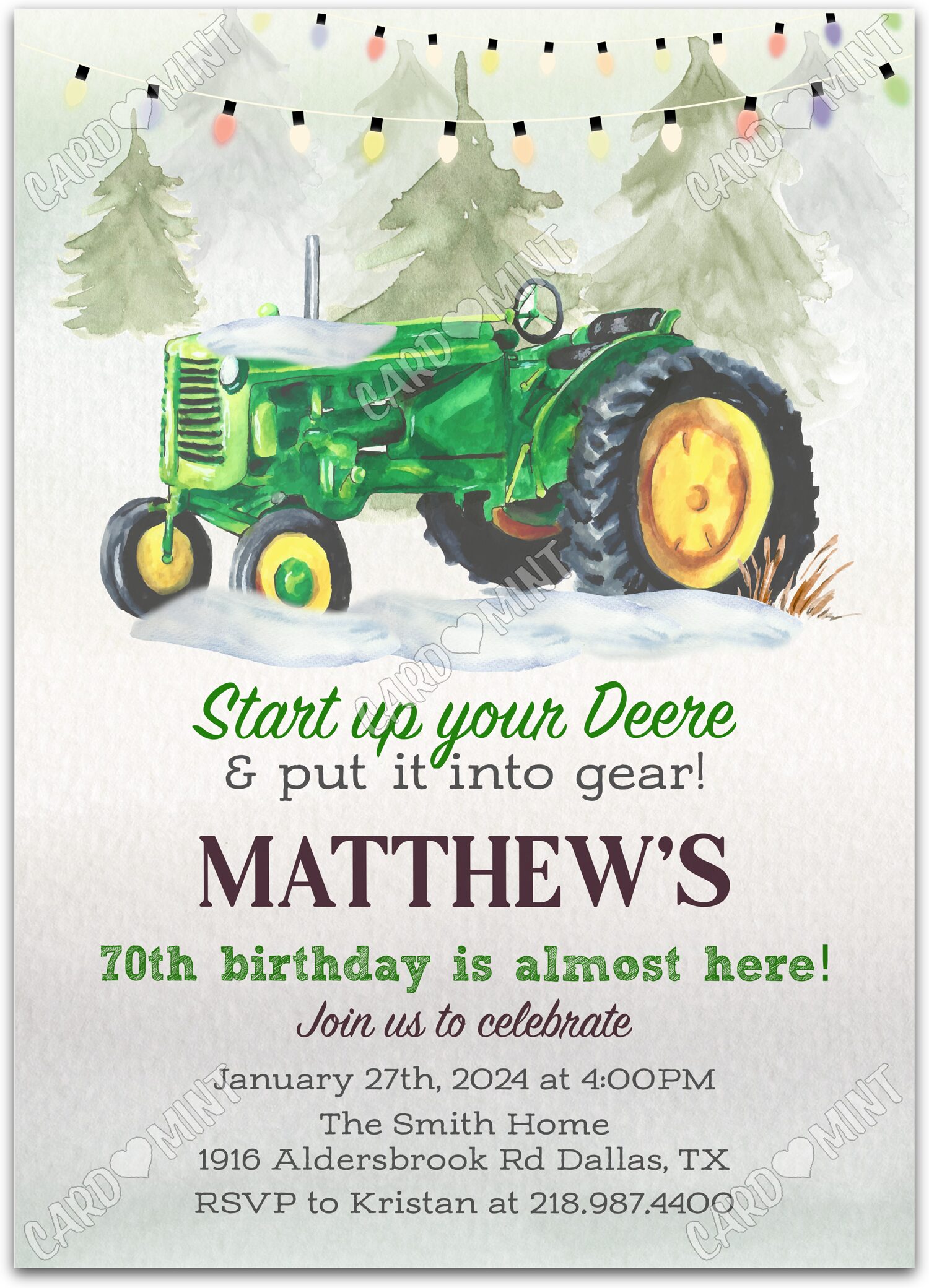 Editable Start Up Your Deere green tractor boy winter Fête d'Anniversaire 5"x7" Invitation EV1074