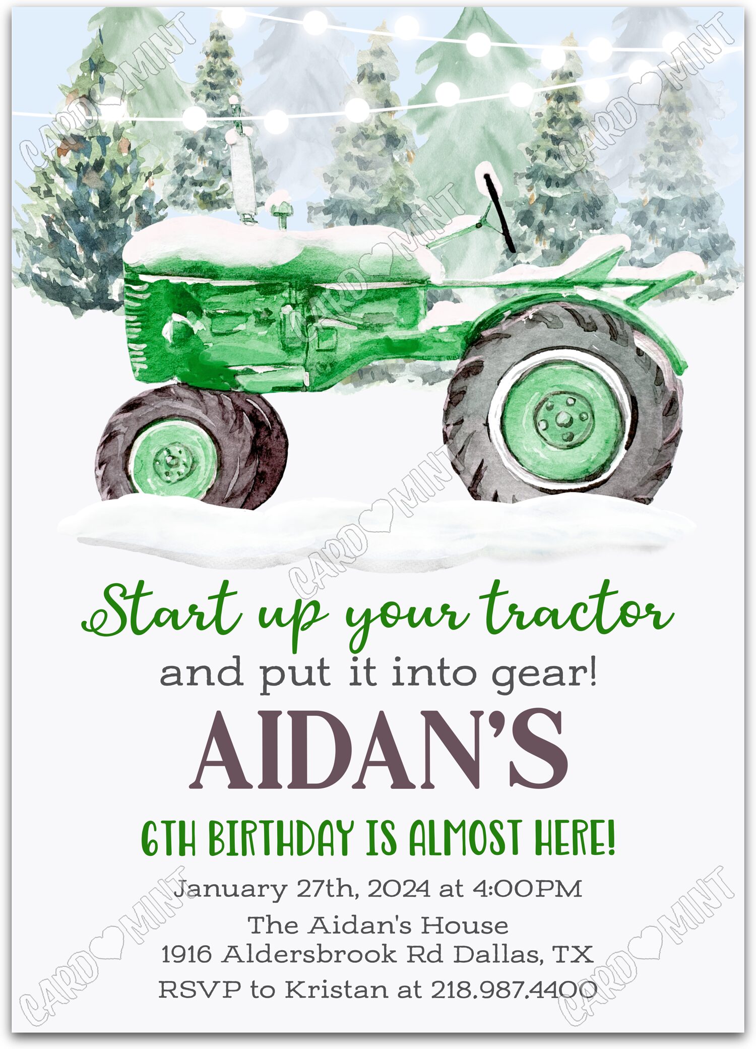 Editable Start Up Your Tractor green tractor boy winter Fête d'Anniversaire 5"x7" Invitation EV1075