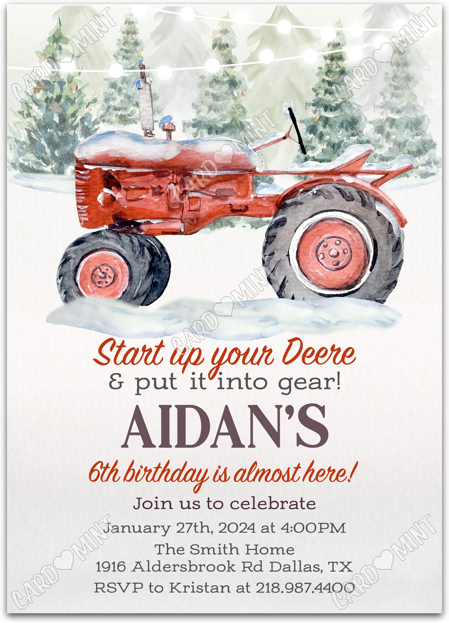 Editable Start Up Your Tractor red tractor boy winter Fête d'Anniversaire 5"x7" Invitation EV1076