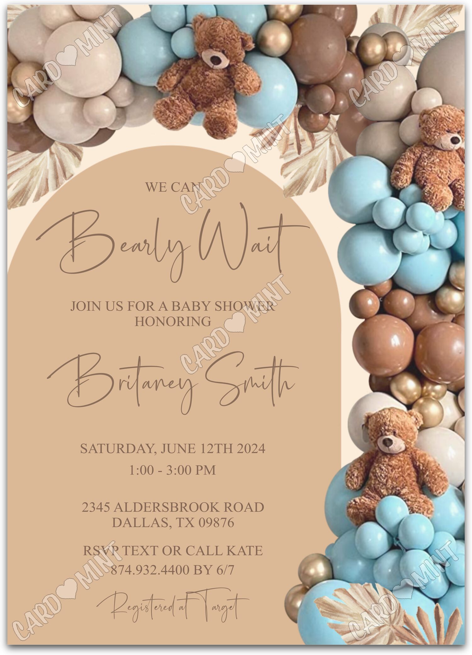 Editable Bearly Wait blue/tan teddy bear & balloons boy Baby Shower 5"x7" Invitation EV1077
