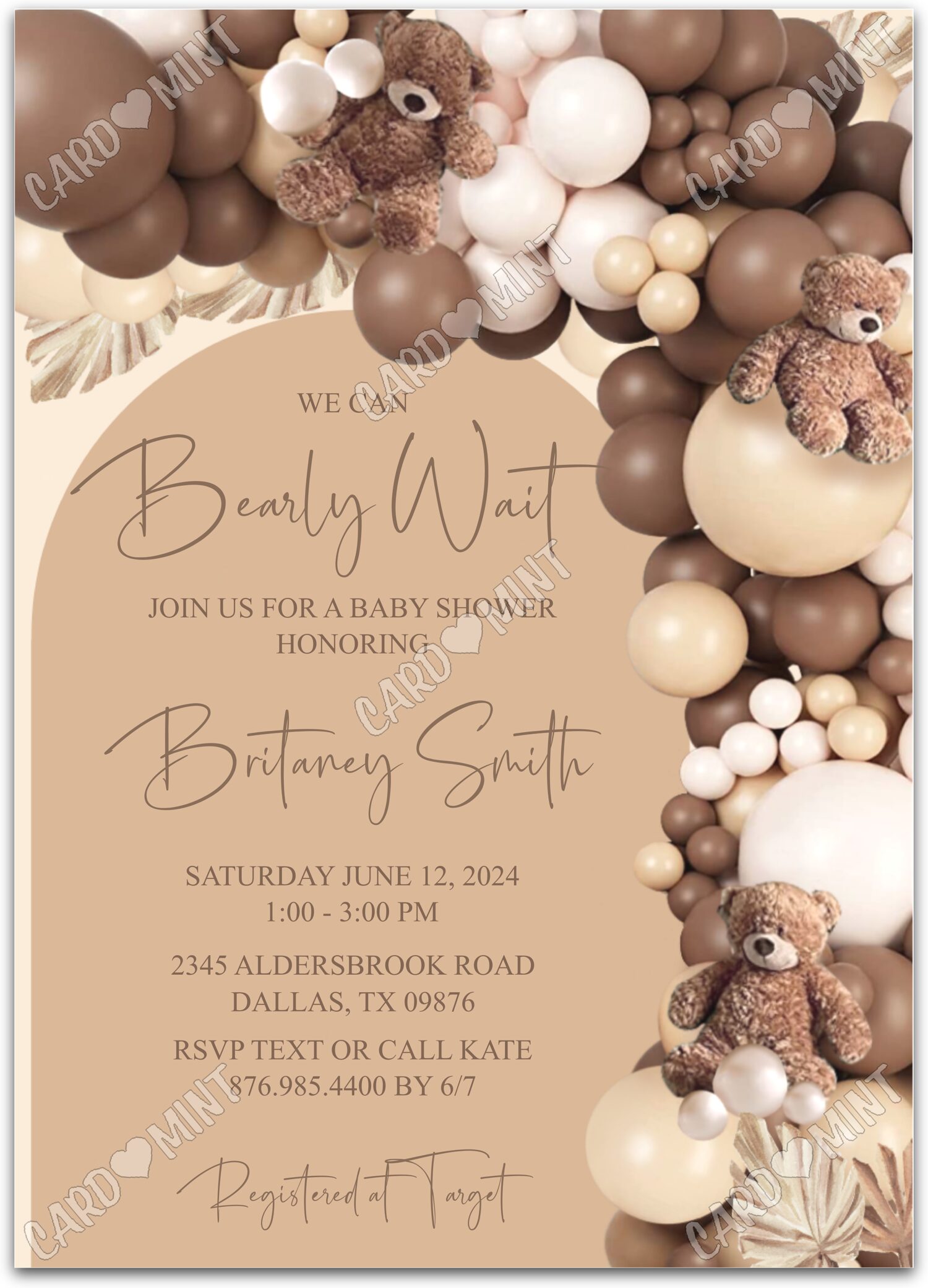 Editable Bearly Wait tan teddy bears & balloons neutral Baby Shower 5"x7" Invitation EV1078
