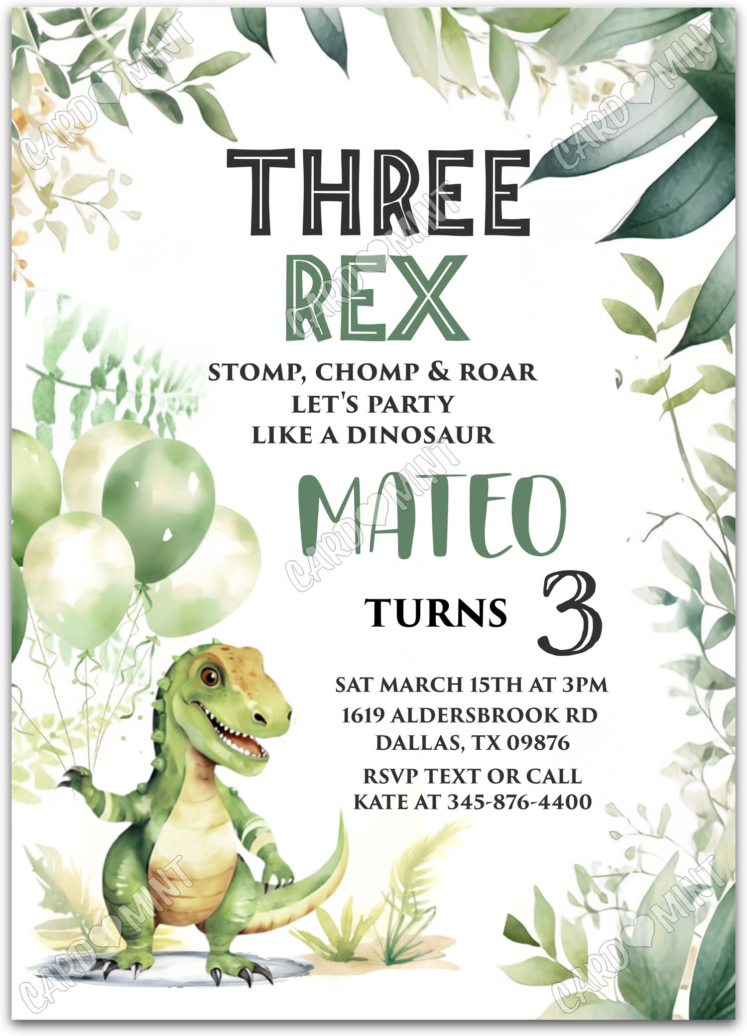 Editable Three Rex green dinosaur & balloons boy Birthday Party 5"x7" Invitation EV1079