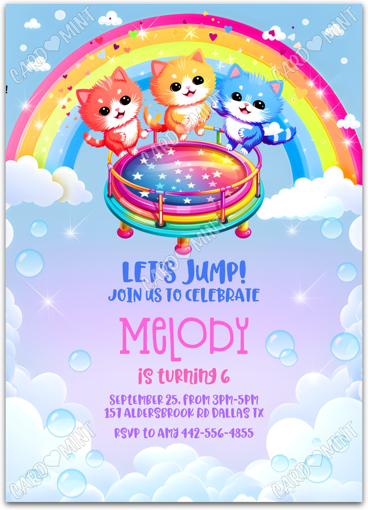 Editable Let's Jump rainbow kittens on trampoline girl Birthday Party 5"x7" Invitation EV1080