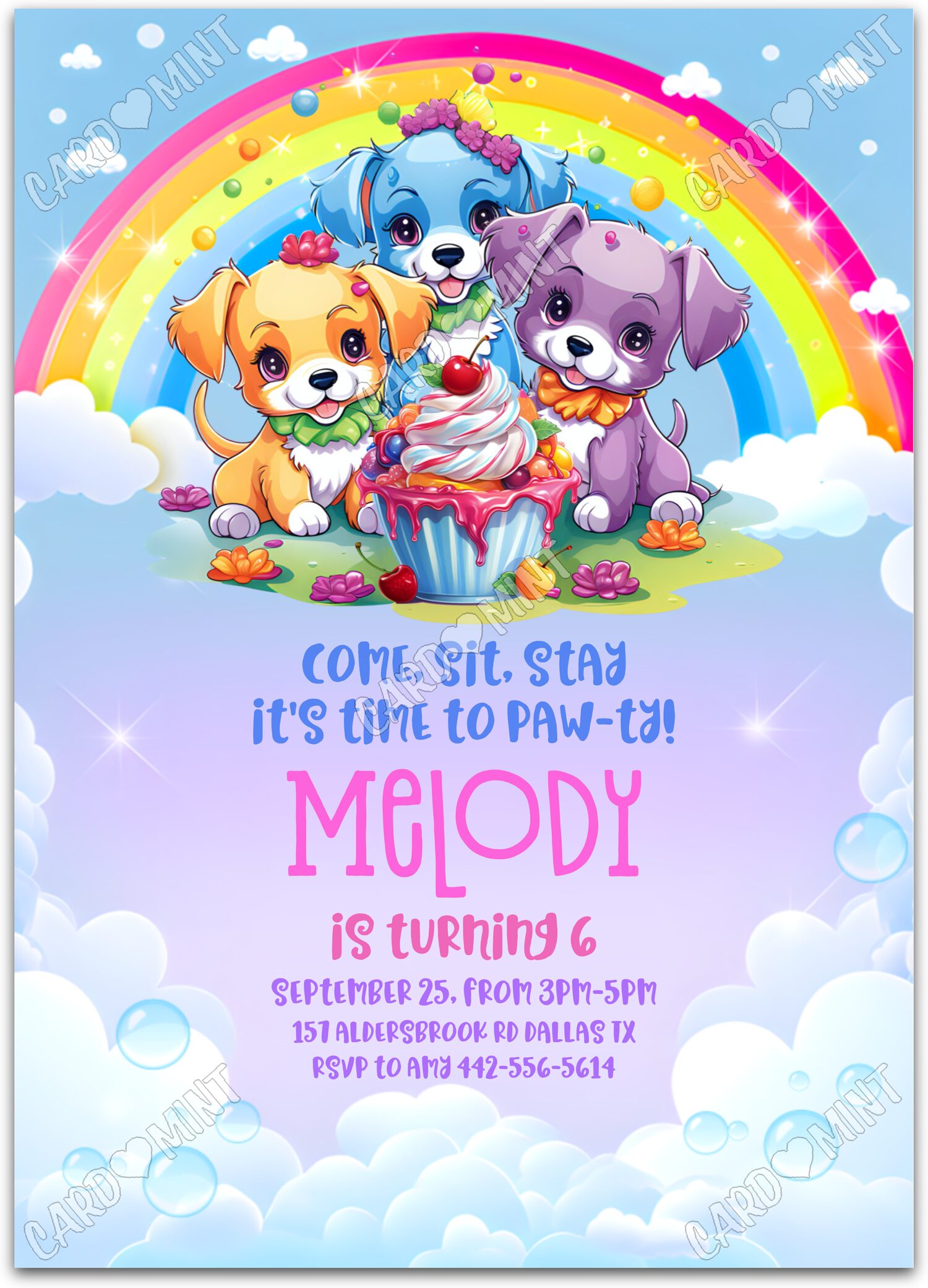 Editable Come, Sit, Stay rainbow puppies & cupcake girl Birthday Party 5"x7" Invitation EV1081