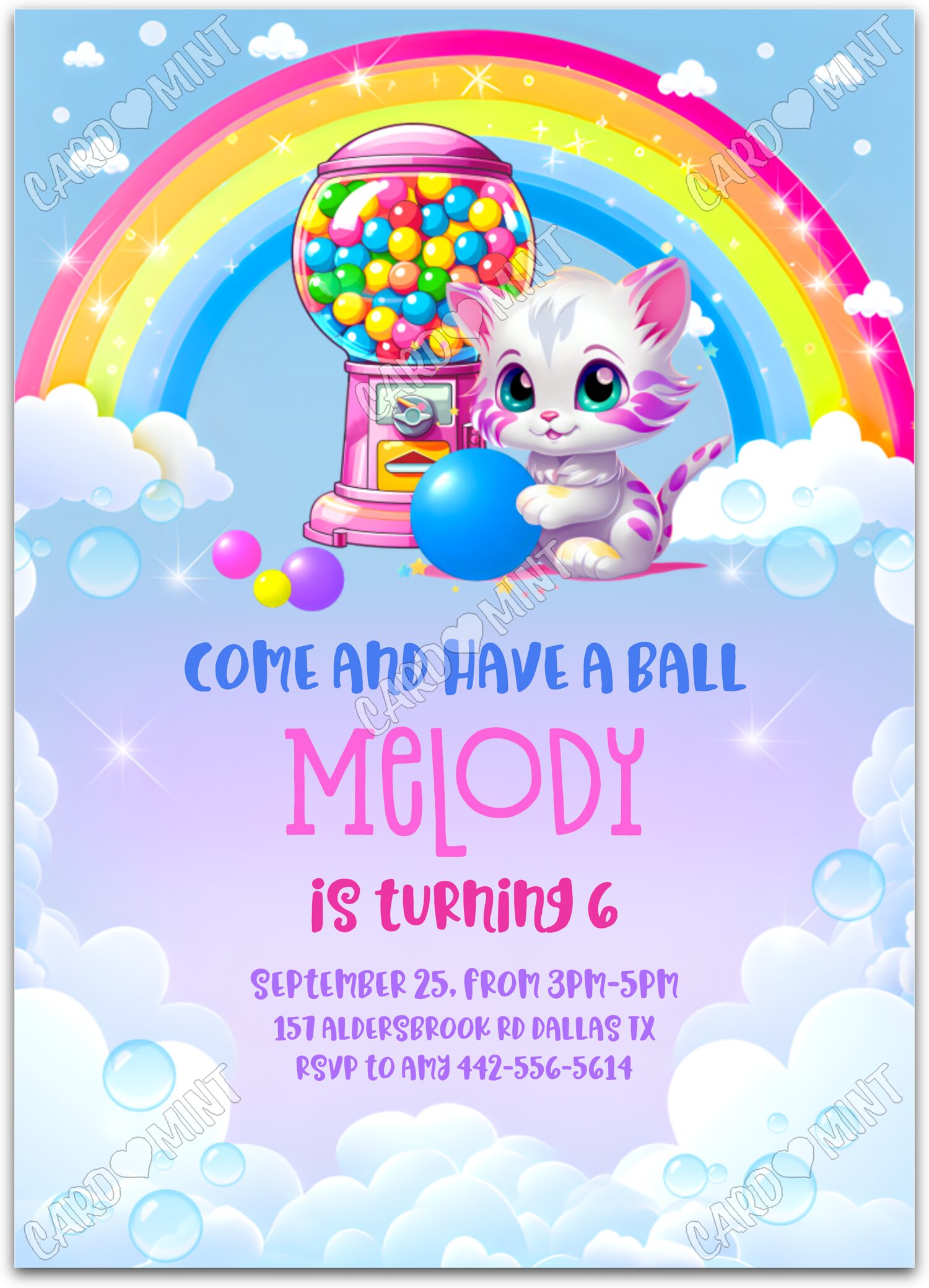 Editable Come Have a Ball rainbow kitten & gumballs girl Birthday Party 5"x7" Invitation EV1082