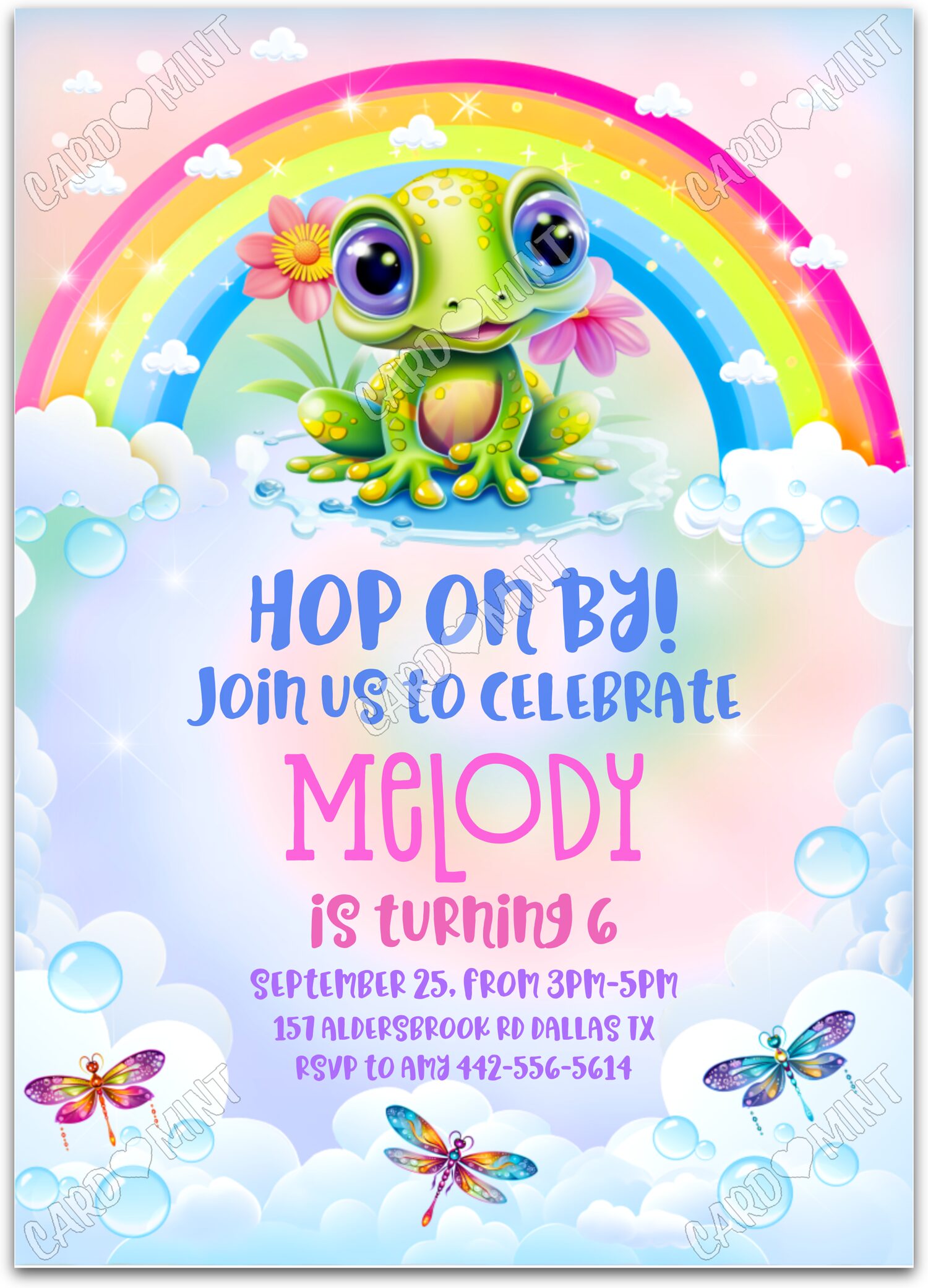Editable Hop on By rainbow froggie girl Birthday Party 5"x7" Invitation EV1083