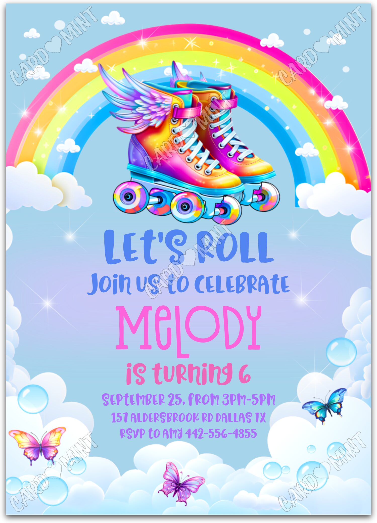 Editable Let's Roll rainbow roller skates girl Birthday Party 5"x7" Invitation EV1084