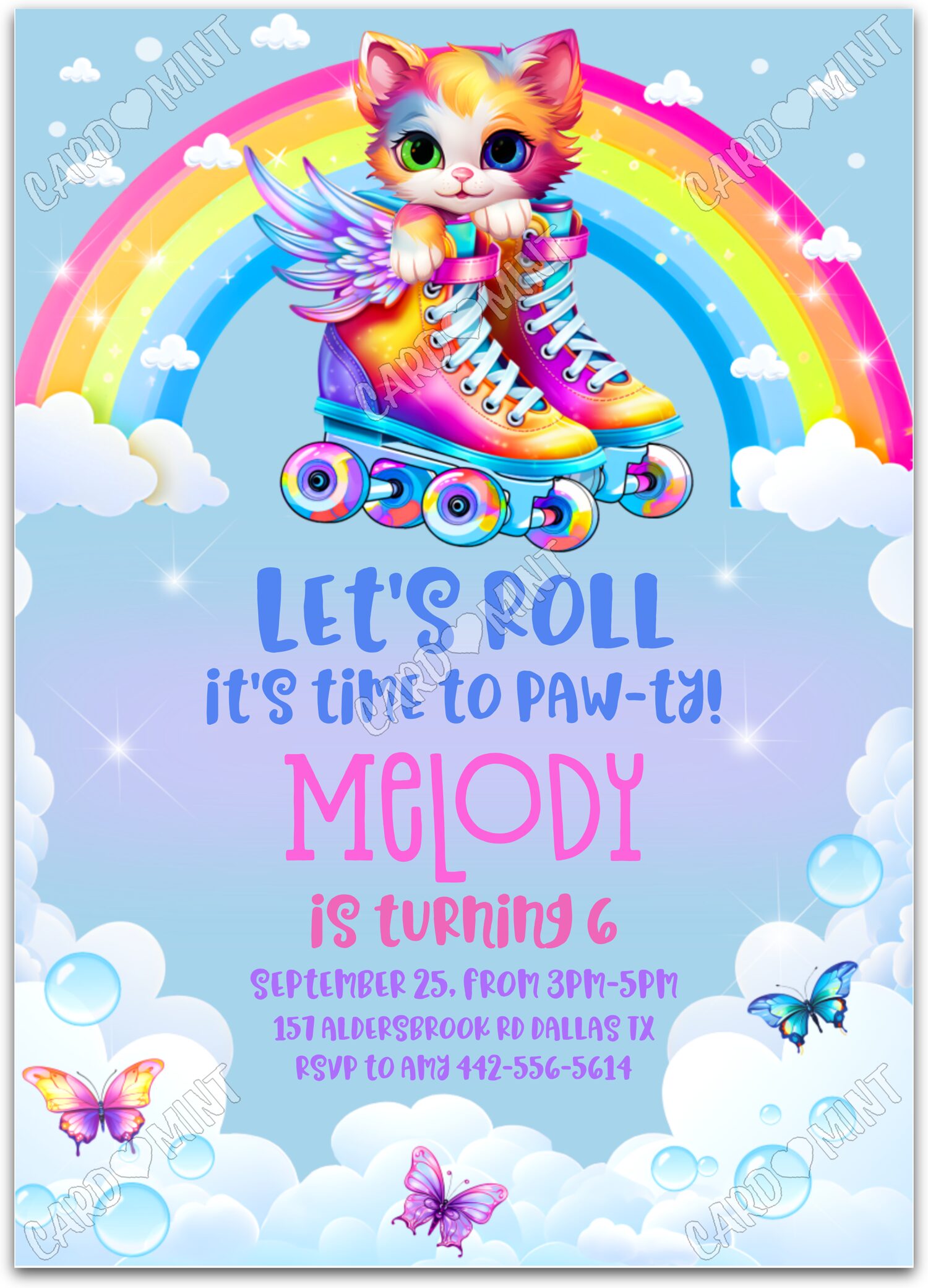 Editable Let's Roll rainbow kitten & roller skates girl Birthday Party 5"x7" Invitation EV1085
