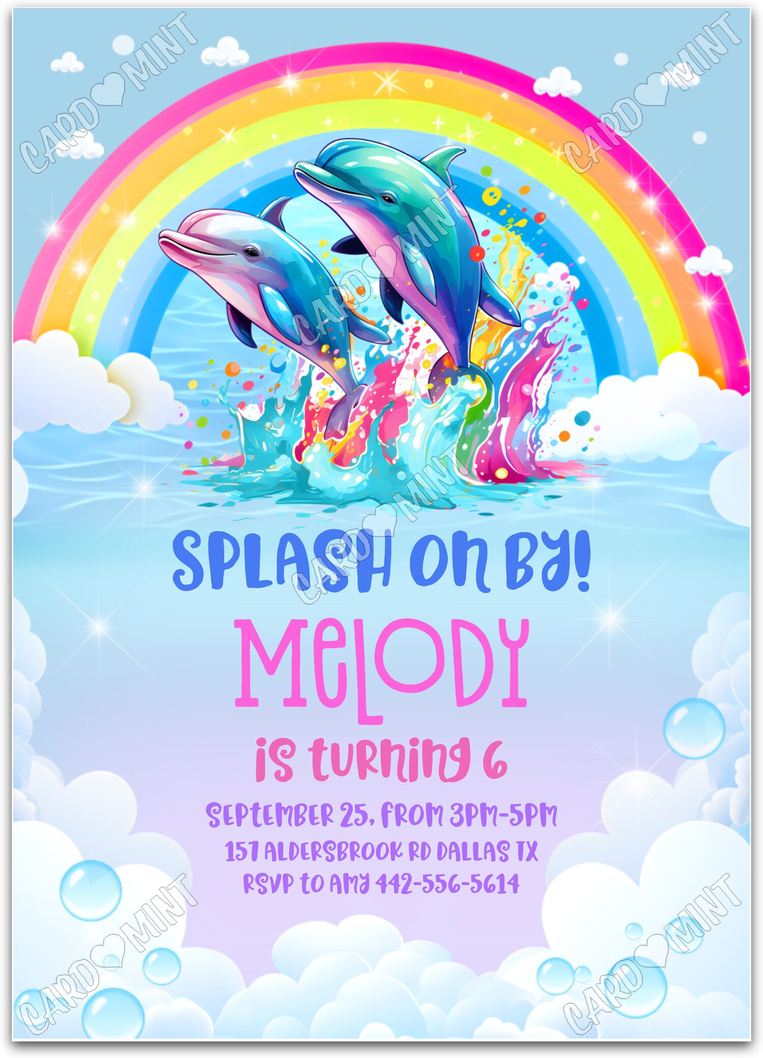 Editable Splash on By rainbow dolphins girl Birthday Party 5"x7" Invitation EV1086