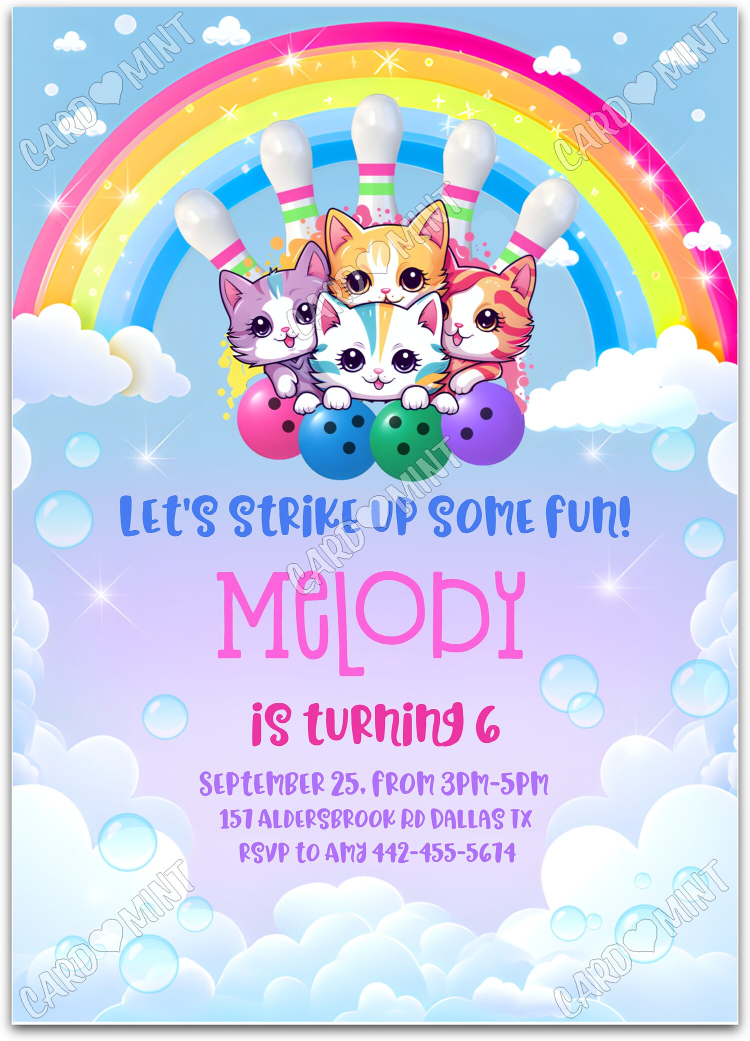 Editable Let's Strike Up Some Fun rainbow bowling kittens girl Birthday Party 5"x7" Invitation EV1087