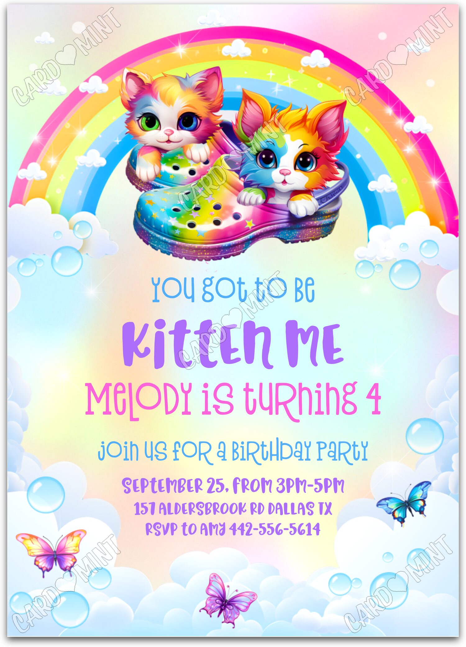 Editable Kitten Me rainbow kittens & sandals girl Birthday Party 5"x7" Invitation EV1088