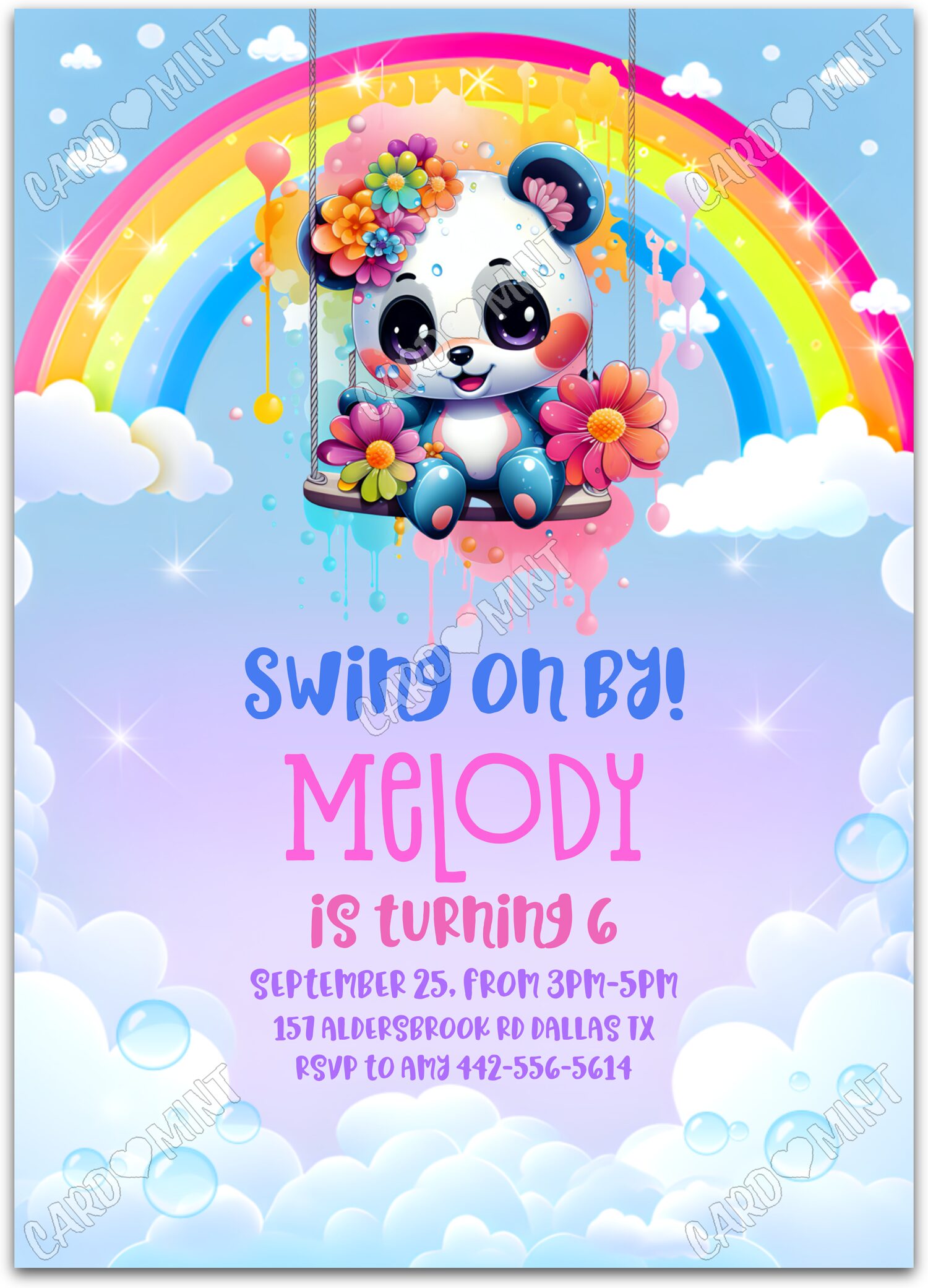 Editable Swing on By rainbow puppy on swing girl Birthday Party 5"x7" Invitation EV1090