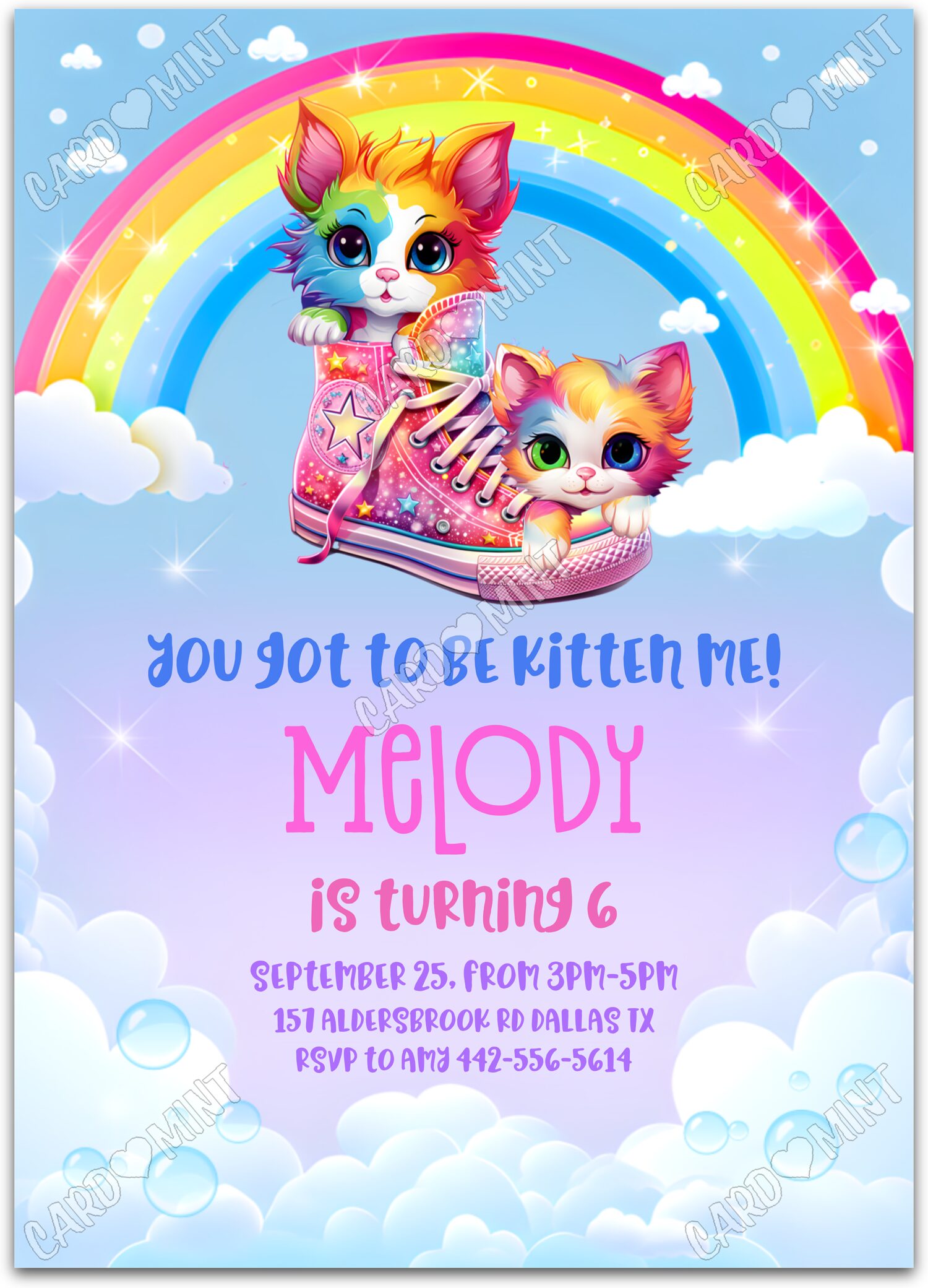 Editable Kitten Me rainbow kittens & running shoes girl Birthday Party 5"x7" Invitation EV1091