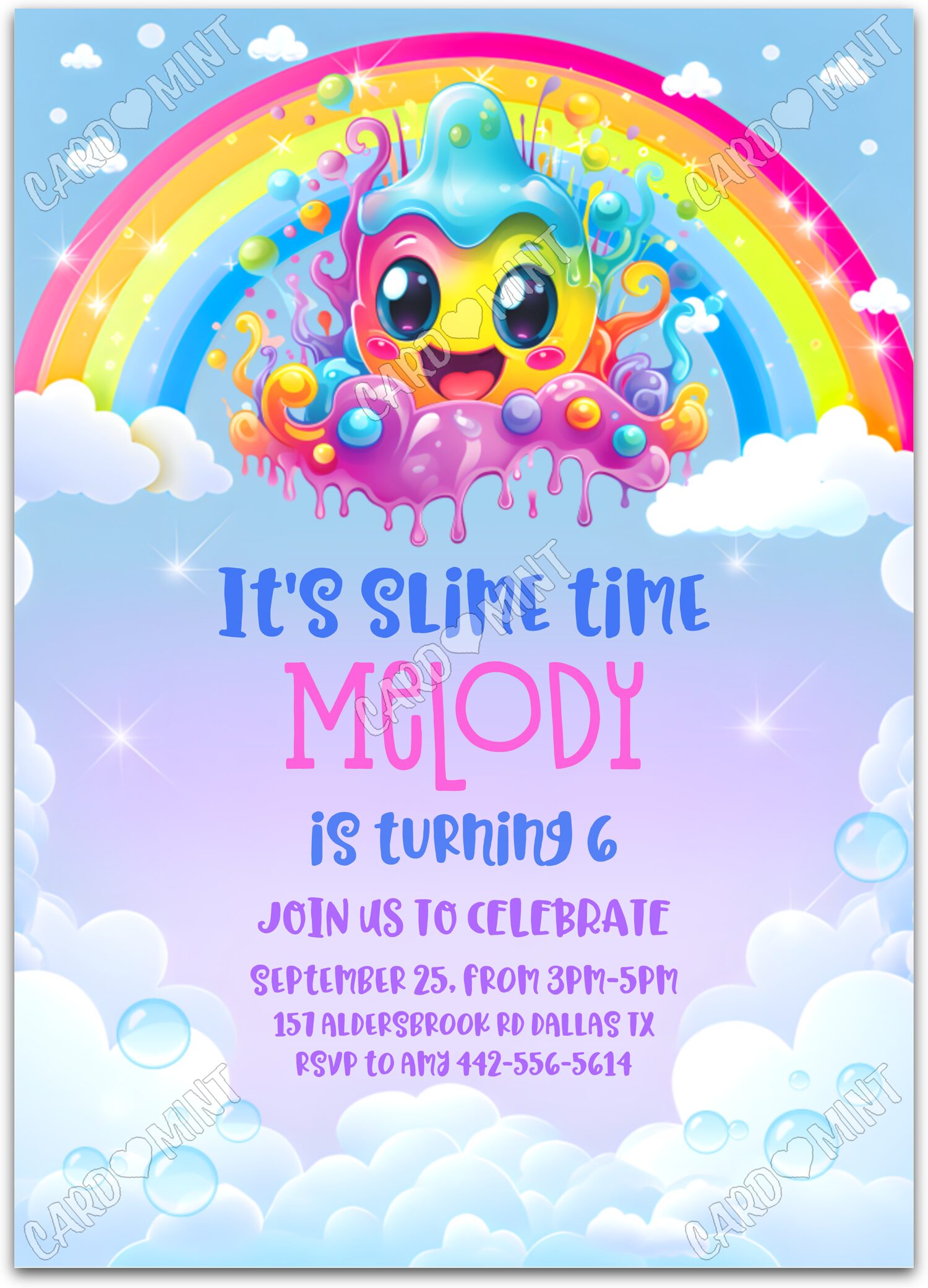 Editable Slime Time rainbow Kawaii octopus girl Birthday Party 5"x7" Invitation EV1092