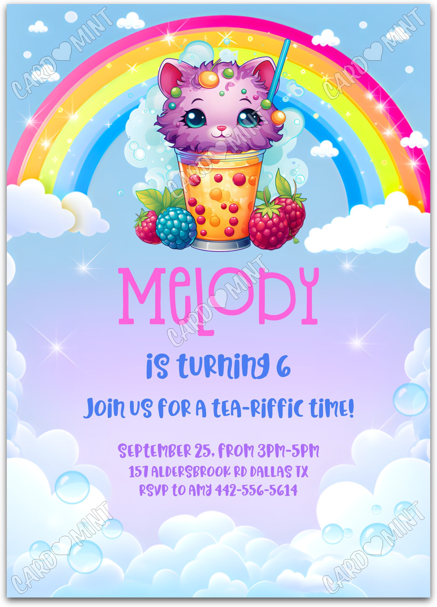 Editable Tea-riffic Time rainbow kitten & bubble tea girl Birthday Party 5"x7" Invitation EV1093
