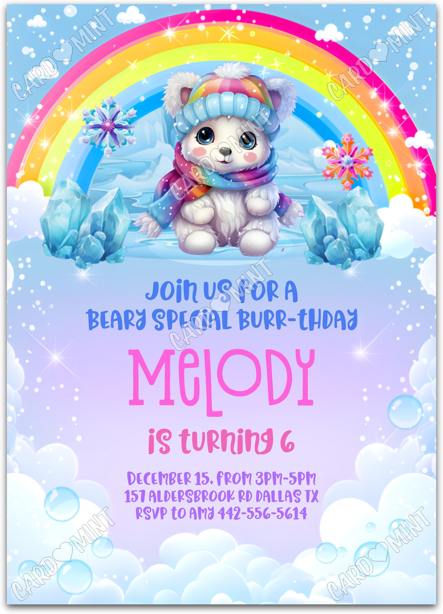 Editable Beary Special rainbow snowflake girl winter Birthday Party 5"x7" Invitation EV1094