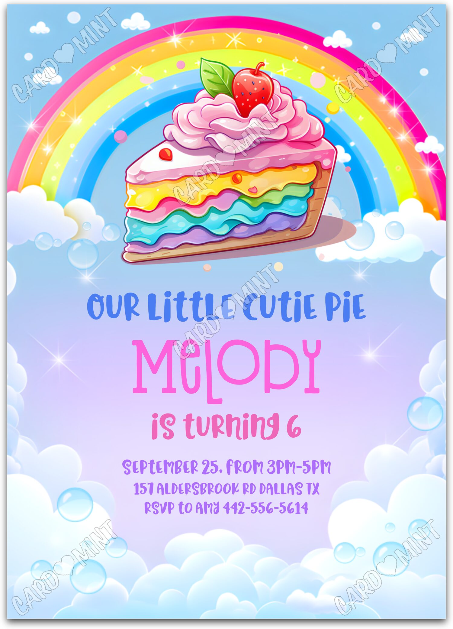 Editable Little Cutie Pie rainbow pie girl Birthday Party 5"x7" Invitation EV1095