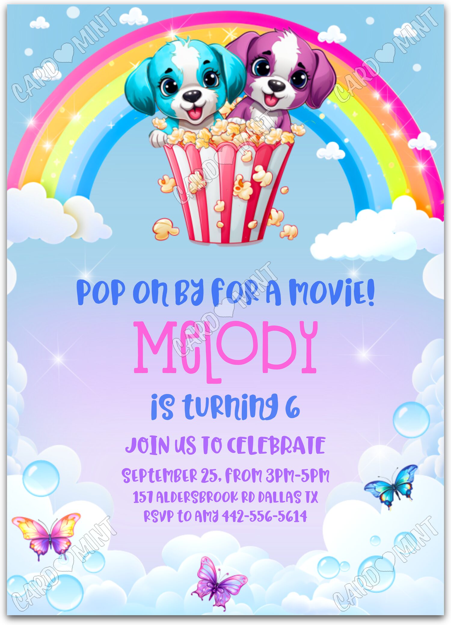 Editable Pop on By rainbow puppies in popcorn girl Birthday Party 5"x7" Invitation EV1096