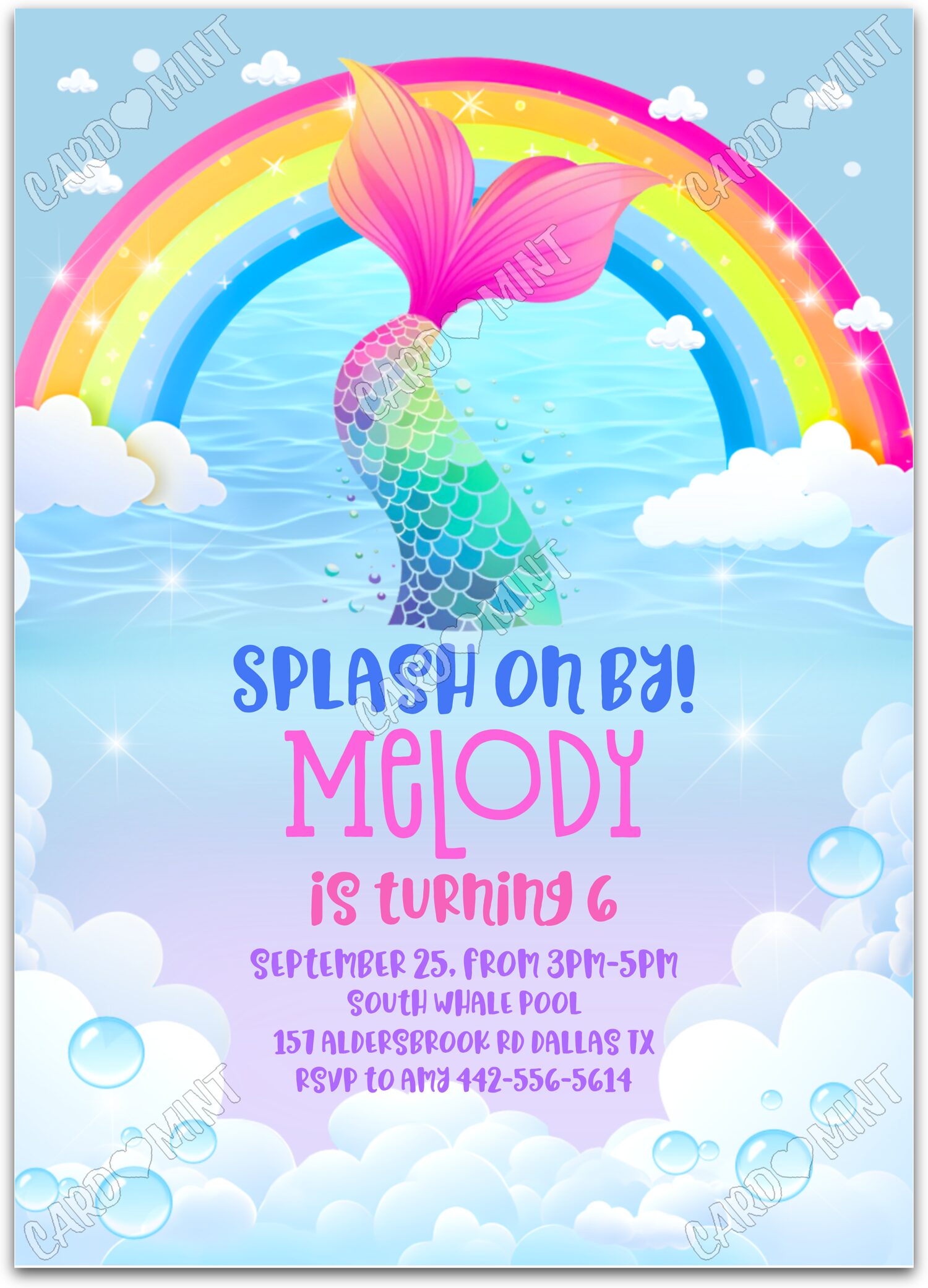 Editable Splash on By rainbow dolphin tail girl Birthday Party 5"x7" Invitation EV1098